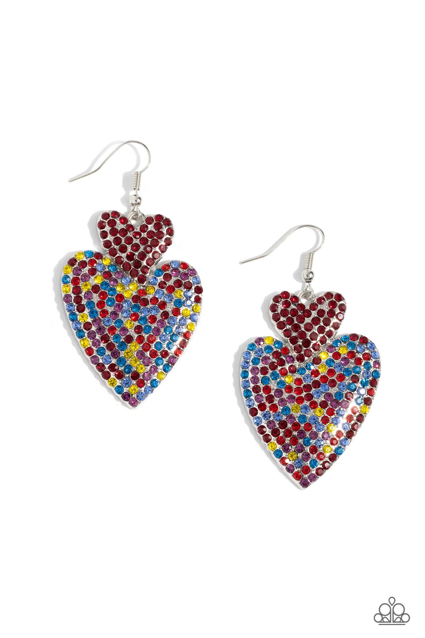 Flirting Flourish Red Heart Earring - Paparazzi Accessories Embossed in dainty rhinestones, a red rhinestone-covered silver heart frame delicately links with a larger silver heart frame featuring red, light red, blue, yellow, and pink rhinestones for a flirtatiously vibrant look. Earring attaches to a standard fishhook fitting. Sold as one pair of earrings. P5ST-RDXX-024XX