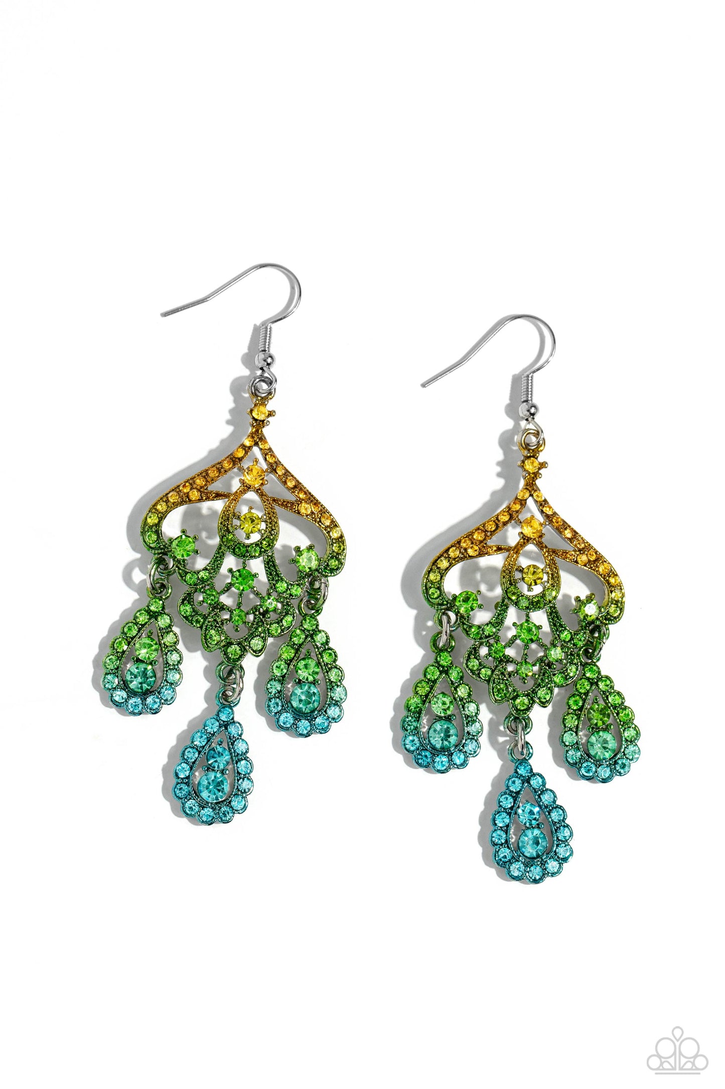 Chandelier Command Multi Earring - Paparazzi Accessories Three rhinestone-encrusted teardrops drip from the bottom of an ornate decorative frame, creating an elegant fringe. The decorative frame swirls with ombré rhinestones that go from yellow to green to blue shades in varying sizes for a timelessly over-the-top sparkle. Earring attaches to a standard fishhook fitting. Sold as one pair of earrings. P5SE-MTXX-172XX