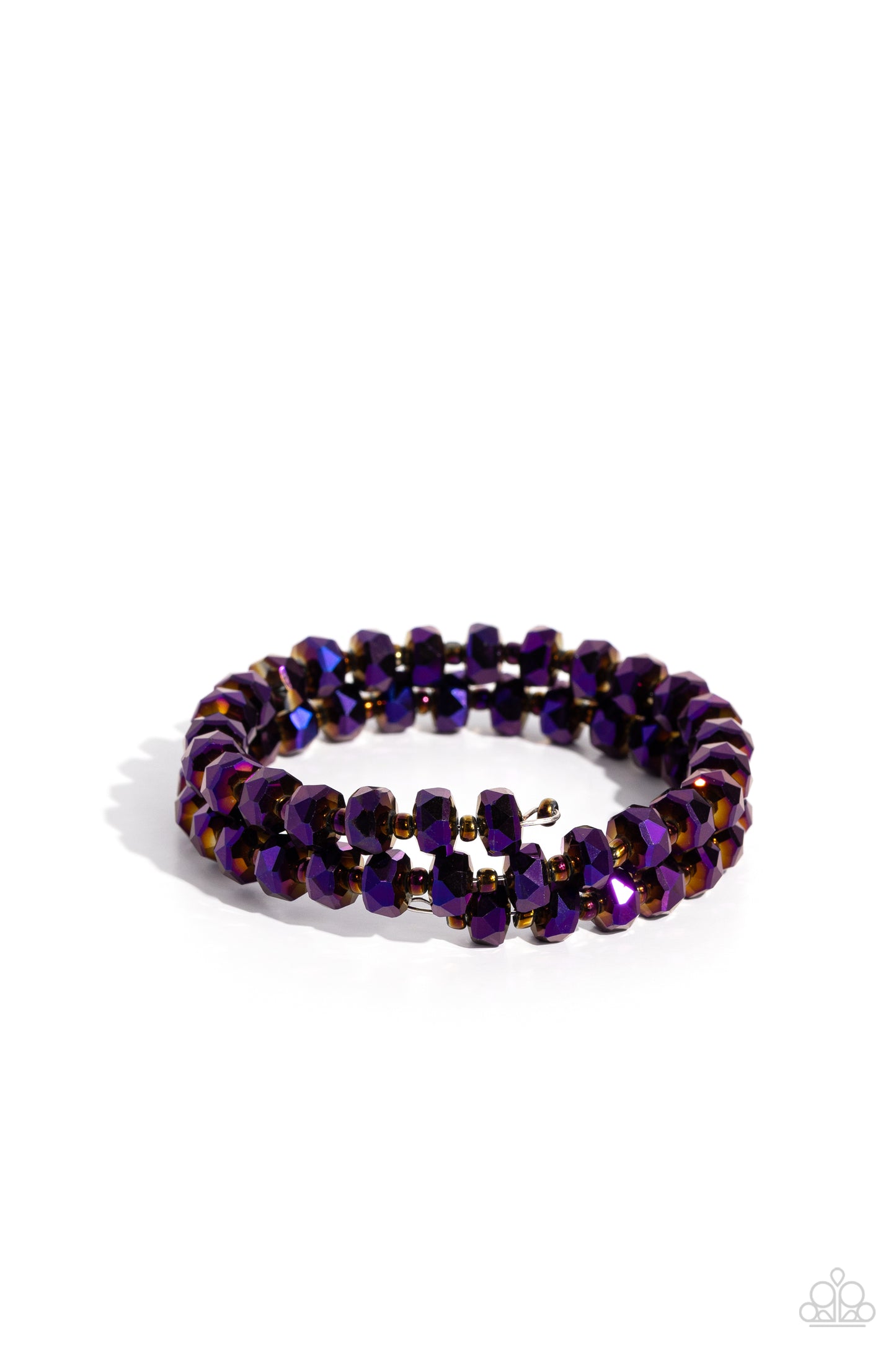 Seriously Stellar Purple Coil Infinity Wrap Bracelet - Paparazzi Accessories Featuring an iridescent shimmer, a glistening collection of faceted metallic purple beads alternate with dainty oil spill studs along a coiled wire, creating a jaw-dropping infinity wrap bracelet around the wrist. Due to its prismatic palette, color may vary. Sold as one individual bracelet. P9ED-PRXX-026XX