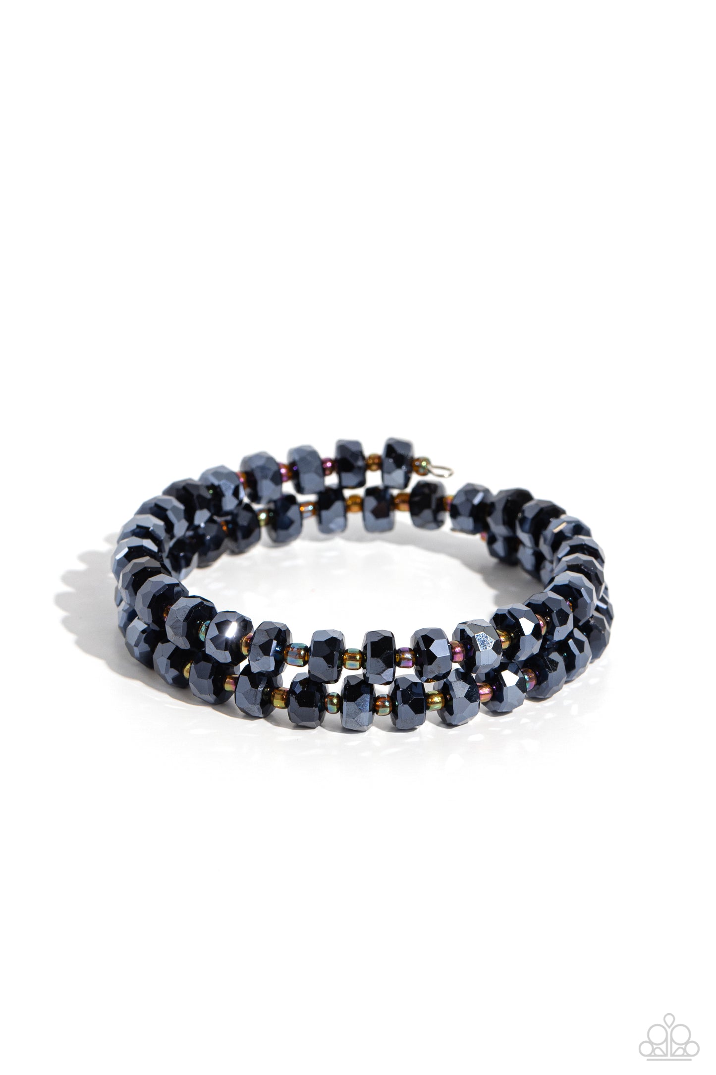 Seriously Stellar Blue Coil Infinity Wrap Bracelet - Paparazzi Accessories Featuring a faceted shimmer, a glistening collection of faceted metallic blue beads alternate with dainty oil spill studs along a coiled wire, creating a jaw-dropping infinity wrap bracelet around the wrist. Sold as one individual bracelet. P9ED-BLXX-039XX