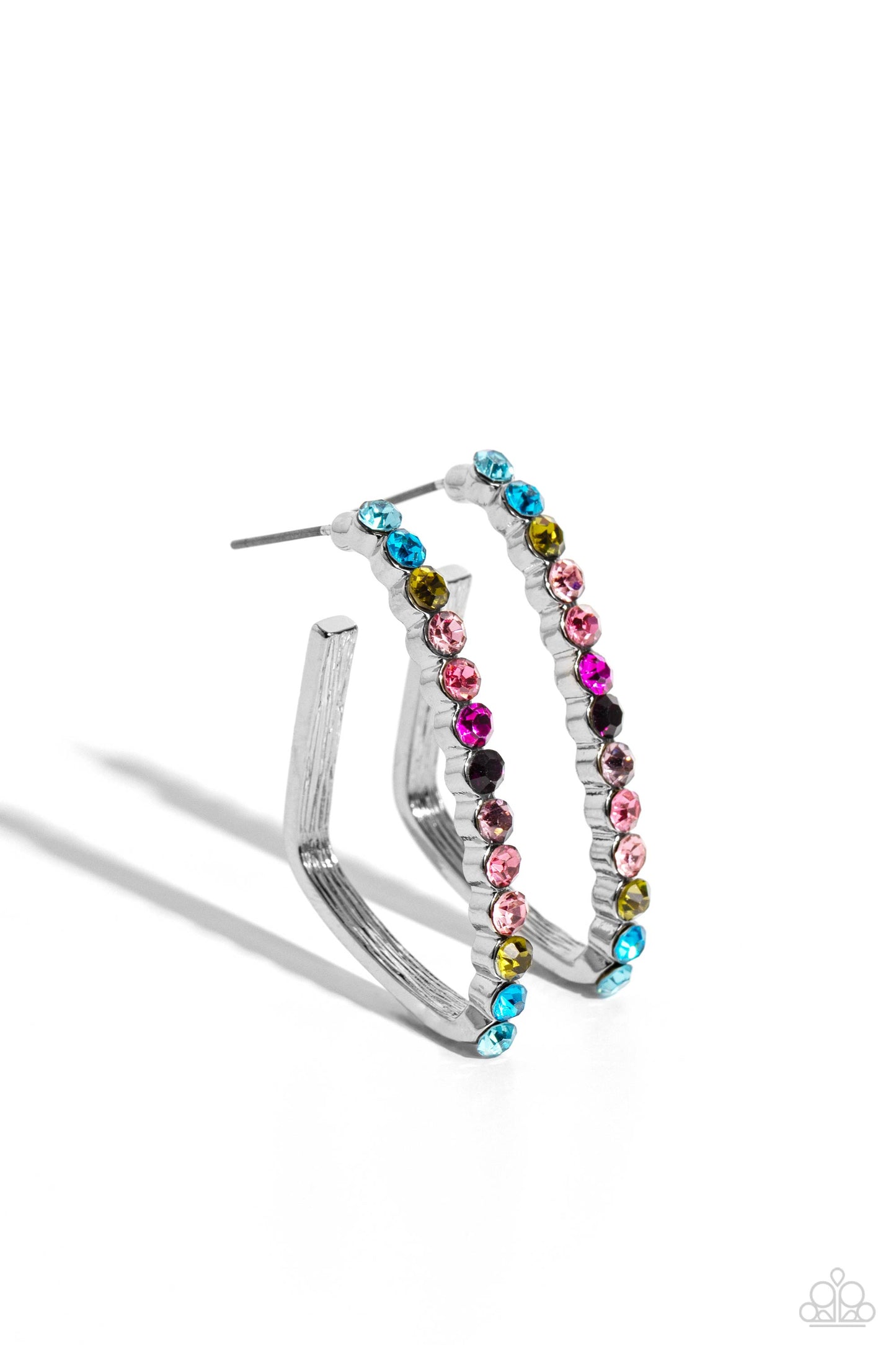 Triangular Tapestry Multi Hoop Earring - Paparazzi Accessories The front of a bold silver hoop is encrusted in multicolored rhinestones, creating a sparkly spectrum of color. The multicolored scalloped frame leisurely bends into an airy triangular frame for a geometric motif. Earring attaches to a standard post fitting. Hoop measures approximately 1/2" in diameter. Sold as one pair of hoop earrings. New Kit Sku: P5HO-MTXX-090XX