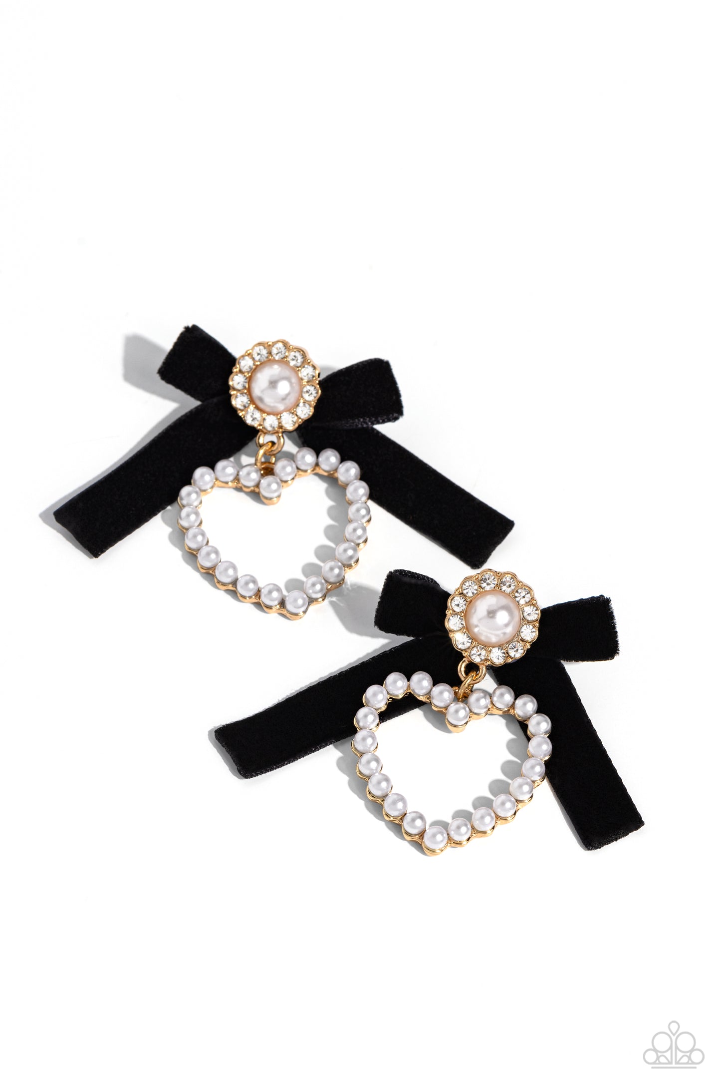BOW and Then Gold Post Earring - Paparazzi Accessories A solitaire white pearl, pressed in a white rhinestone-encrusted gold hoop, gleams atop a pearl-dotted heart frame resulting in a dazzling statement piece. A black velvet ribbon fans out from the pearly centerpiece further infusing the design with elegance. Earring attaches to a standard post fitting. Sold as one pair of post earrings. Sku: P5PO-GDXX-248XX