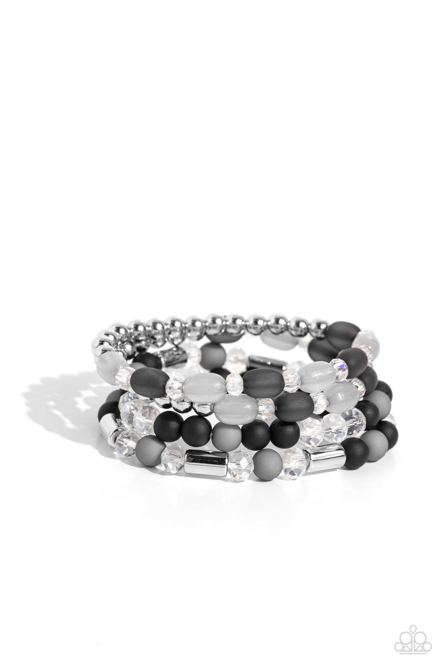 Glassy Gait Black Stretch Bracelet - Paparazzi Accessories A shimmery collection of silver beads and accents, glassy long black and gray beads, faceted clear beads, and black and gray acrylic beads are threaded along stretchy bands around the wrist, creating glistening layers. Sold as one set of four bracelets. P9WH-BKXX-198XX