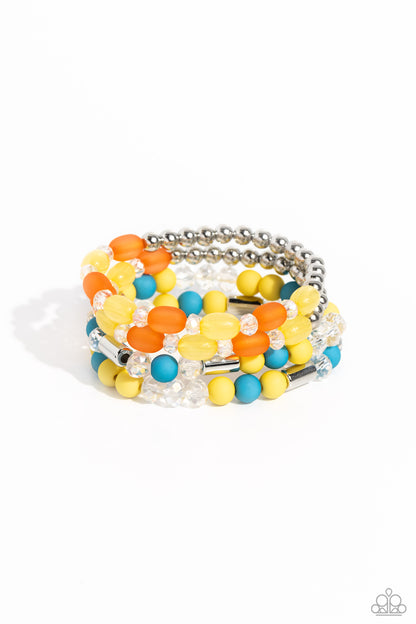 Glassy Gait Multi Stretch Bracelet - Paparazzi Accessories  A shimmery collection of silver beads and accents, glassy long orange and yellow beads, faceted clear beads, and yellow and turquoise acrylic beads are threaded along stretchy bands around the wrist, creating glistening layers.  Sold as one set of four bracelets.  P9WH-MTXX-165XX