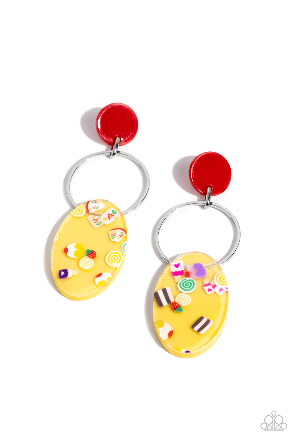 Seize the Sweets Multi Post Earring - Paparazzi Accessories A yellow acrylic oval, featuring various sweet treats, swings from the bottom of a glistening airy silver hoop that is attached to a red acrylic circle, creating a colorfully retro look. Earring attaches to a standard post fitting. Sold as one pair of post earrings. P5PO-MTXX-117XX