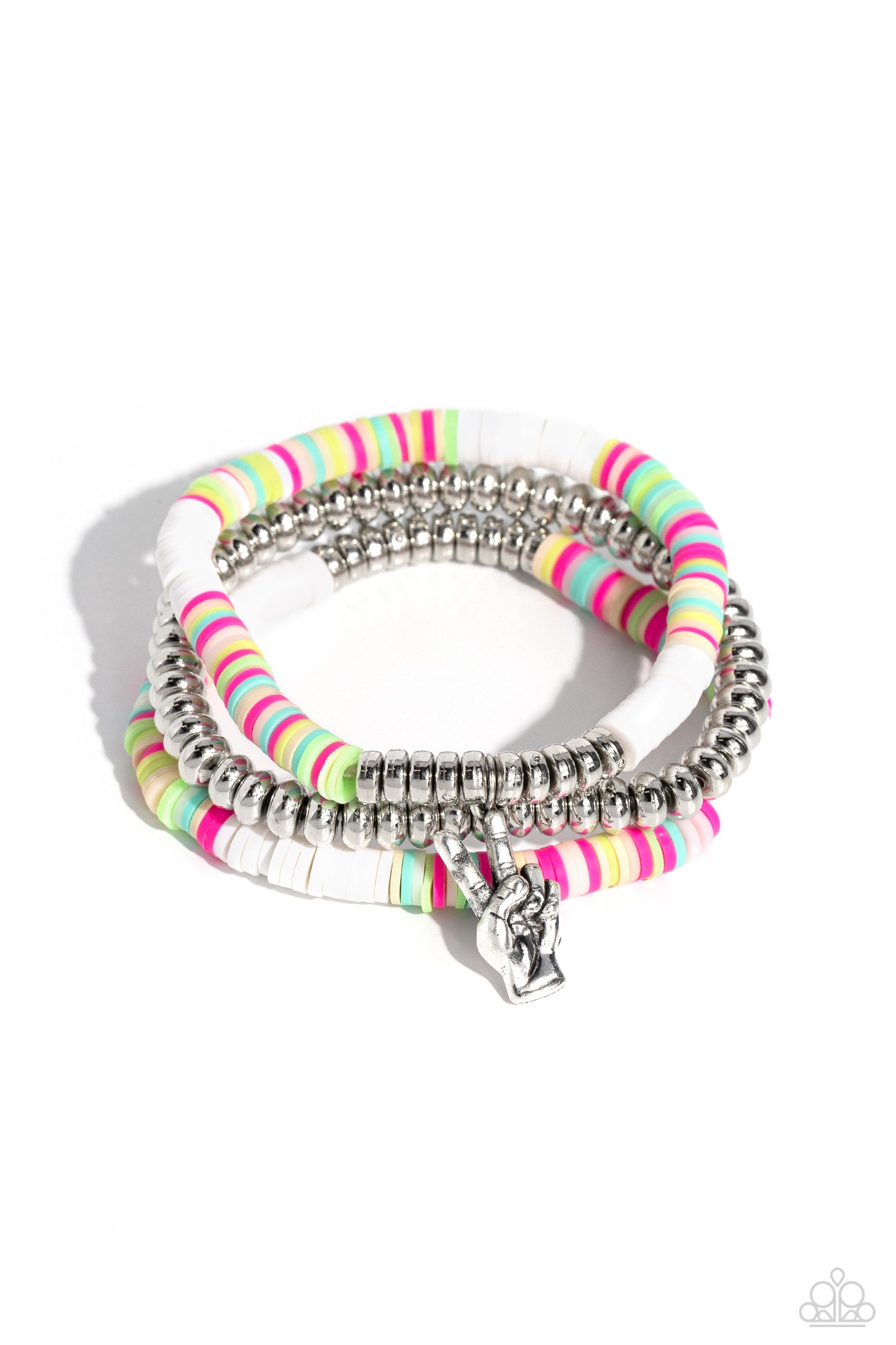 Peaceful Potential White Stretch Bracelet - Paparazzi Accessories Infused along stretchy bands white, pink, green, blue, and tan rubber discs combine with sporadically placed silver discs and a silver disc strand for a vibrant pop of color along the wrist. A silver peace sign dangles from one of the colorful strands for a youthful finish. Sold as one set of three bracelets. P9WH-WTXX-260XX
