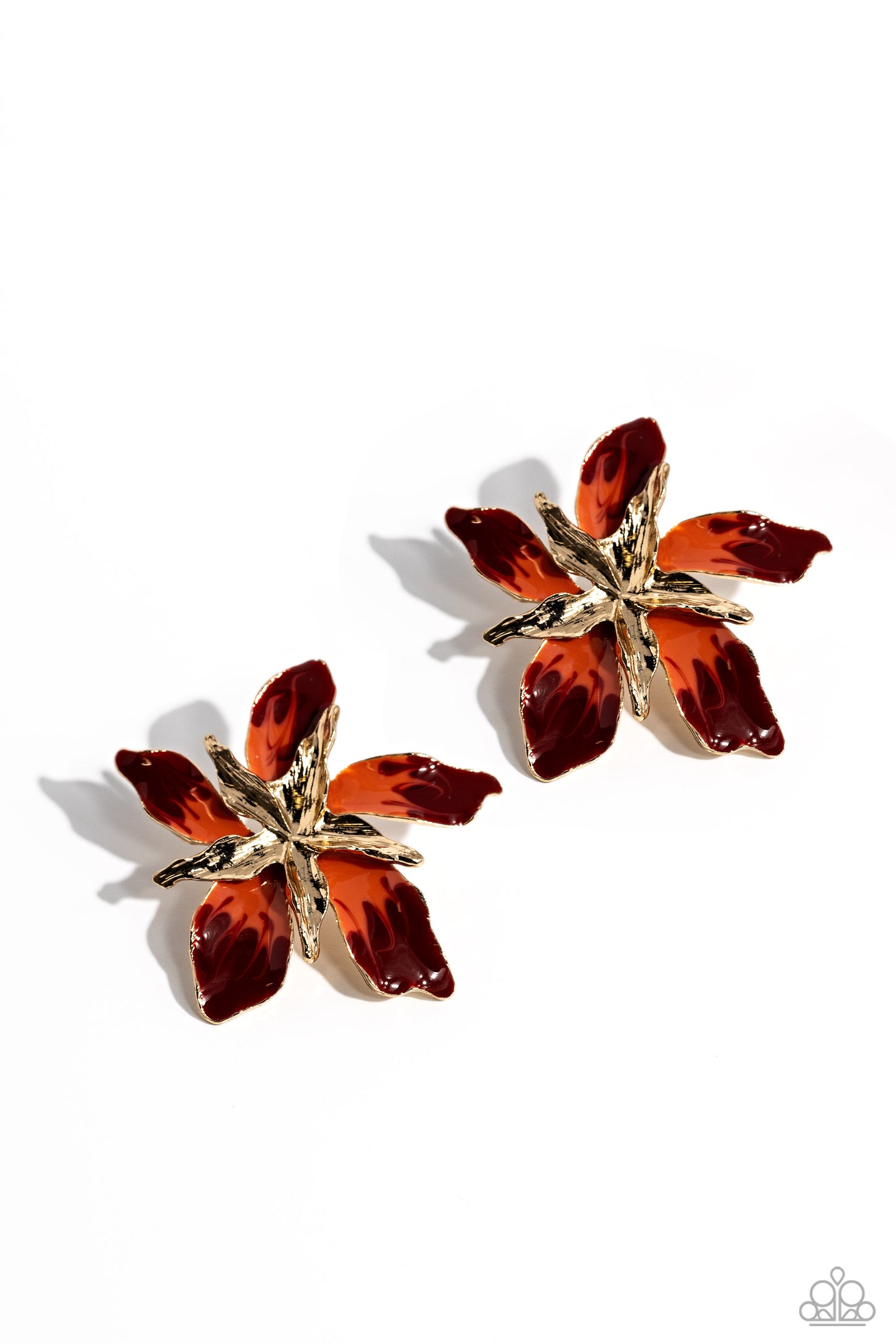 Warped Wallflower Red Post Earring - Paparazzi Accessories Featuring a warped, metallic texture, a gold flower blooms atop the ear, while a larger gold warped flower featuring Red Dahlia and Burnt Sienna accents adds a vibrant pop of color to the whimsical centerpiece. Earring attaches to a standard post fitting. Sold as one pair of post earrings. P5PO-RDXX-041XX