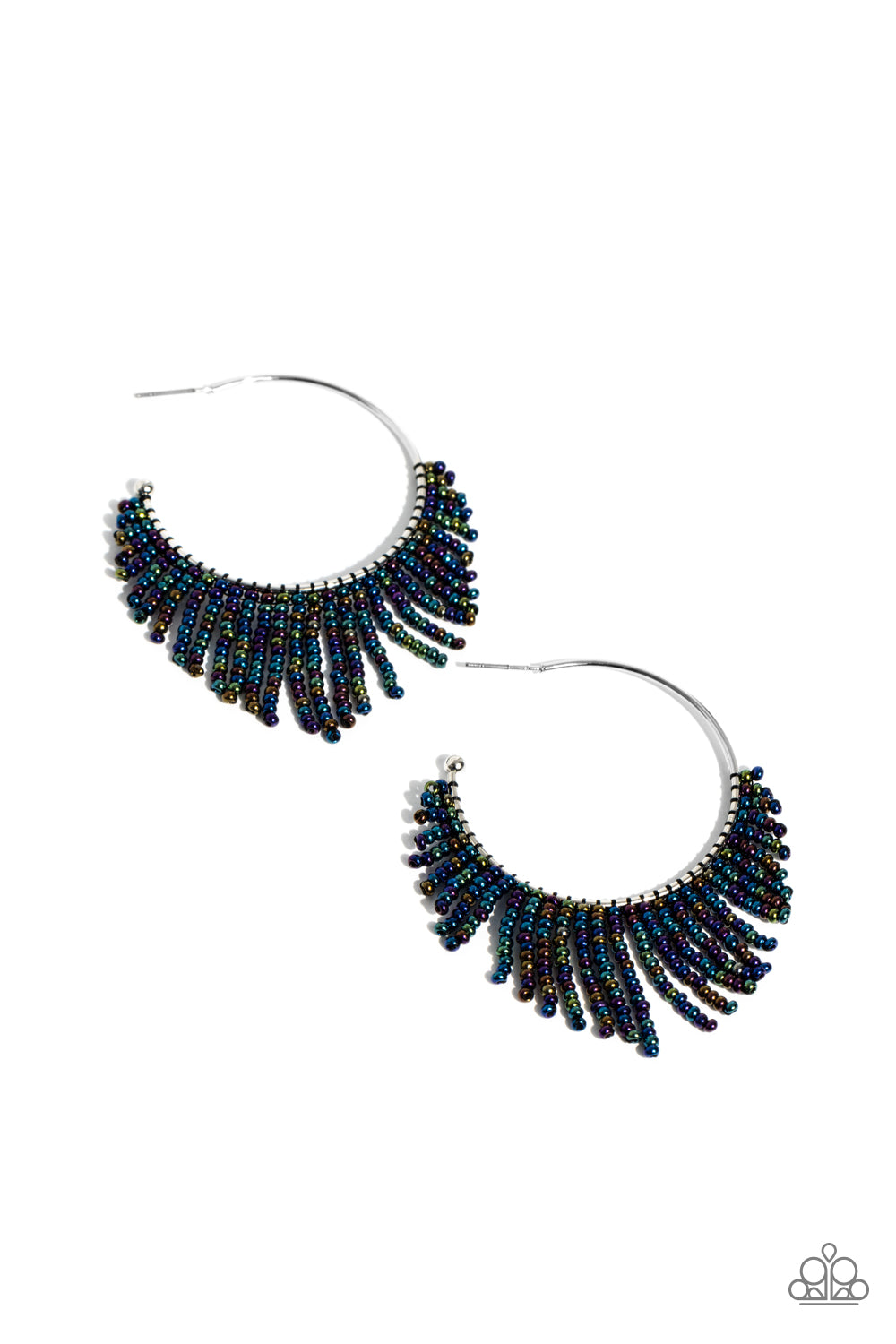 Tailored Tassel Multi Oil Spill Hoop Earring - Paparazzi Accessories Cascading strands of oil spill seed beads stream out from the bottom of a classic silver hoop, resulting in a flirtatiously tasseled look. Earring attaches to a standard post fitting. Hoop measures approximately 1 1/2" in diameter. Sold as one pair of hoop earrings. Sku: P5HO-MTXX-082XX