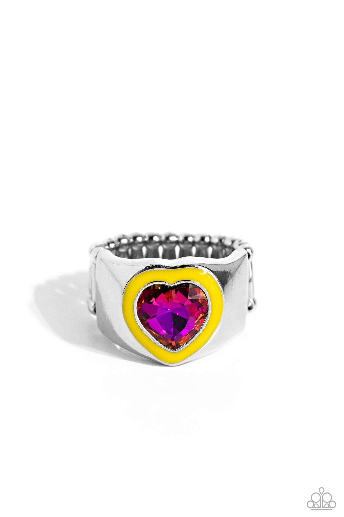Fond Regard Yellow Ring - Paparazzi Accessories Bordered in a High Visibility painted frame, a pink UV heart-shaped gem sparkles atop a thick silver band for a romantic finish. Features a stretchy band for a flexible fit. Due to its prismatic palette, color may vary. Featured inside The Preview at Made for More! Sold as one individual ring. P4WH-YWXX-164XX