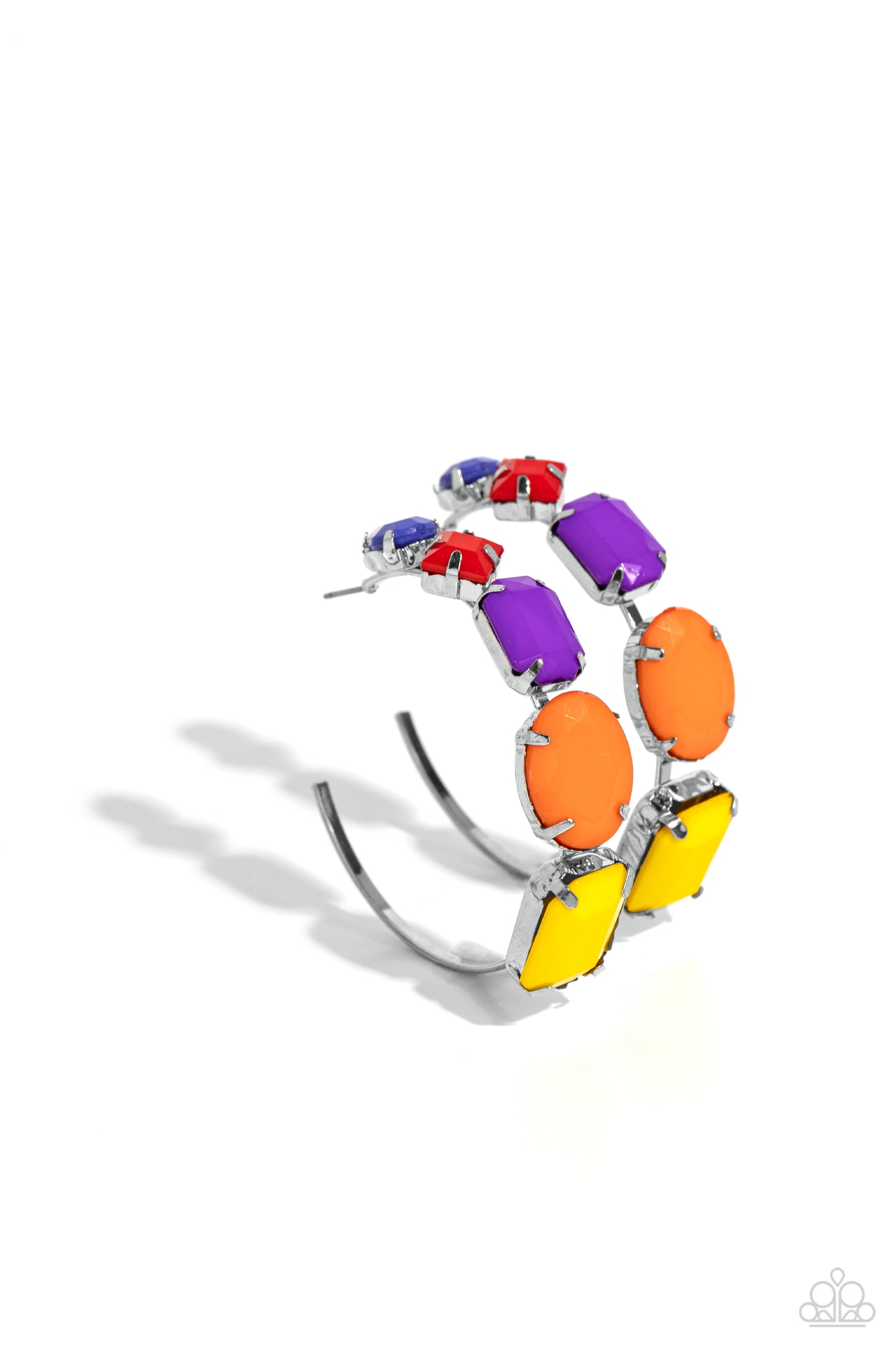 Geometric Gamer Multi Hoop Earring - Paparazzi Accessories A charming collection of geometrically pronged red, purple, orange, Persian Jewel, and High Visibility shapes gradually increases in size as they adorn the front of a classic silver hoop resulting in a youthful fashion. Earring attaches to a standard post fitting. Hoop measures approximately 2" in diameter. Sold as one pair of hoop earrings. P5HO-MTXX-094XX