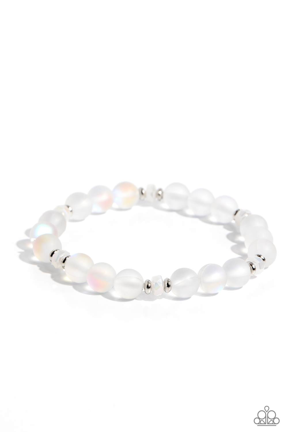 Mermaid Mirage White Bracelet - Paparazzi Accessories Infused with silver accents and faceted white beads, a dreamy collection of frosted glassy white beads is threaded along a stretchy band around the wrist for an enchanting glow. Sold as one individual bracelet. P9SE-URWT-106XX