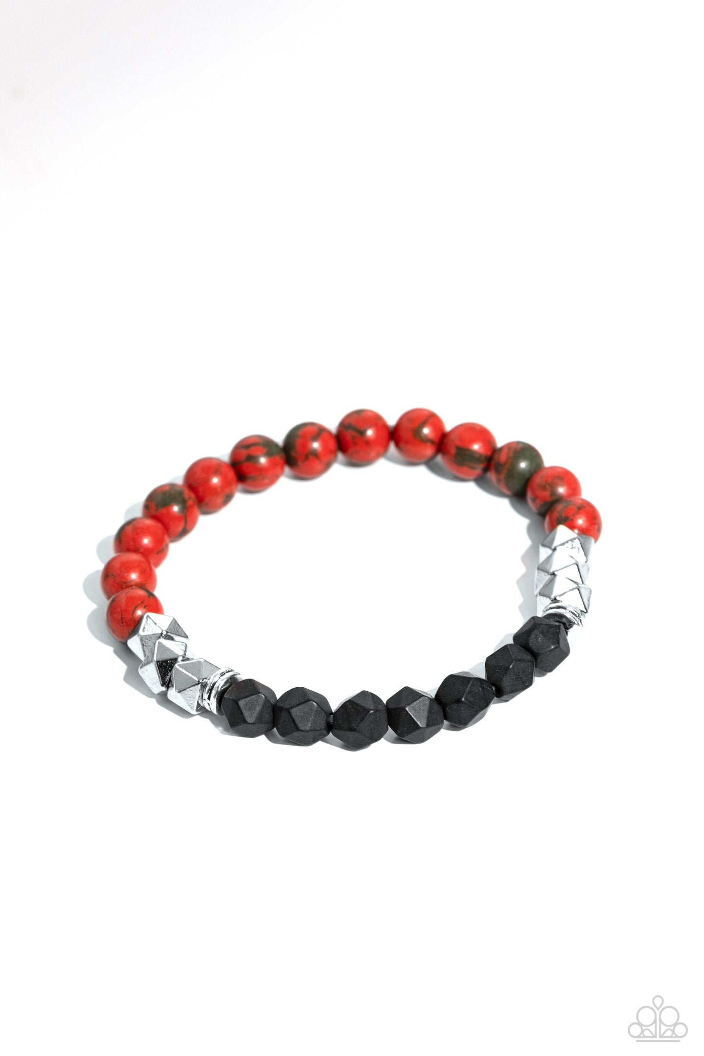 Defaced Deed Orange Stone Unisex Stretch Bracelet - Paparazzi Accessories Featuring black marbling, an earthy collection of orange stone beads, defaced black and silver beads, and metallic accents are threaded along a stretchy band around the wrist for a seasonal look. Sold as one individual bracelet. SKU: P9SE-UROG-076XX