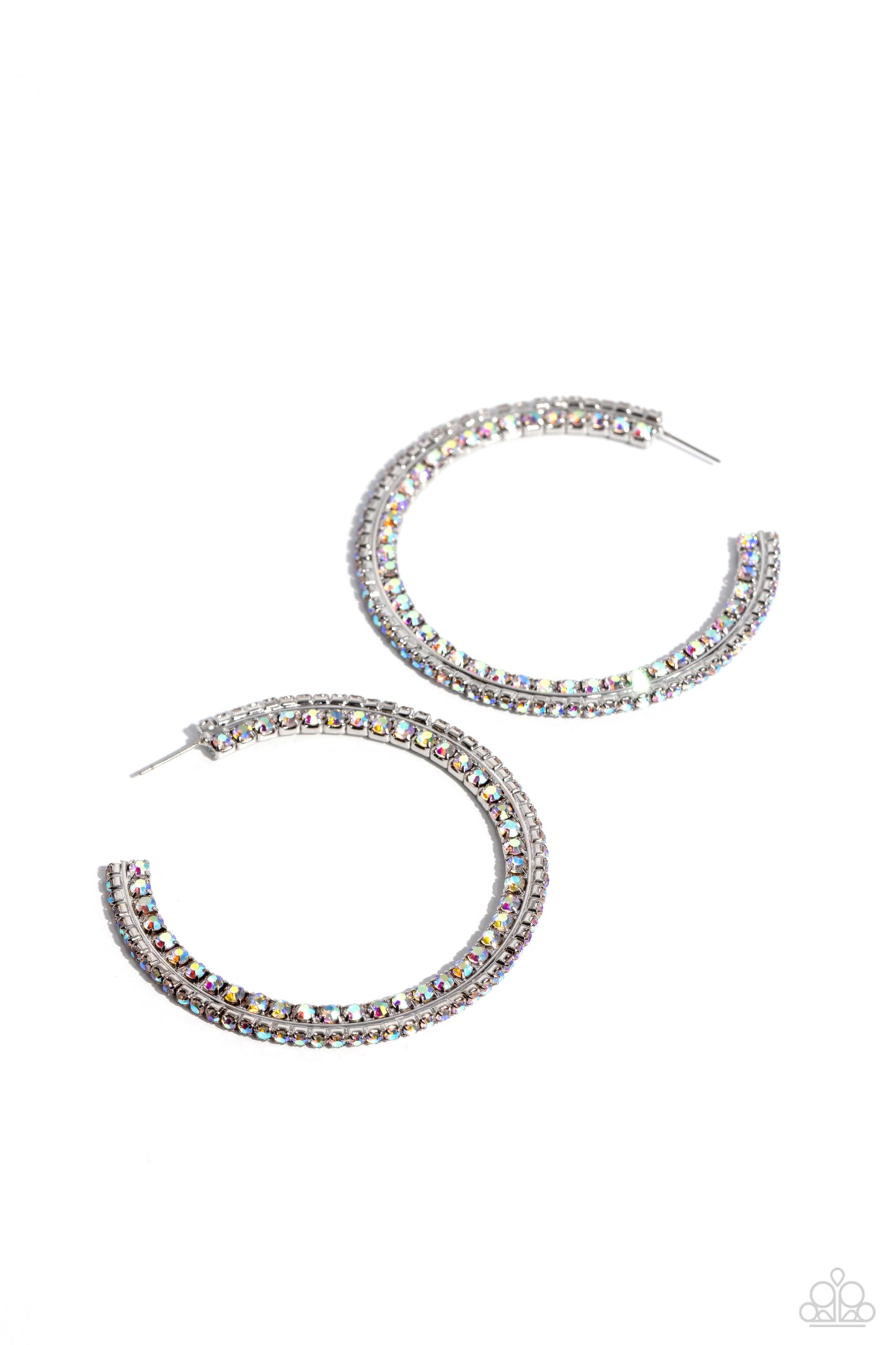 Scintillating Sass Multi Hoop Earring - Paparazzi Accessories Glittery iridescent rhinestones are encrusted along the front and side of a textured tread-like oversized silver hoop for a sassy finish. Earring attaches to a standard post fitting. Hoop measures 2 1/2" in diameter. Due to its prismatic palette, color may vary. Sold as one pair of hoop earrings. P5HO-MTXX-093XX