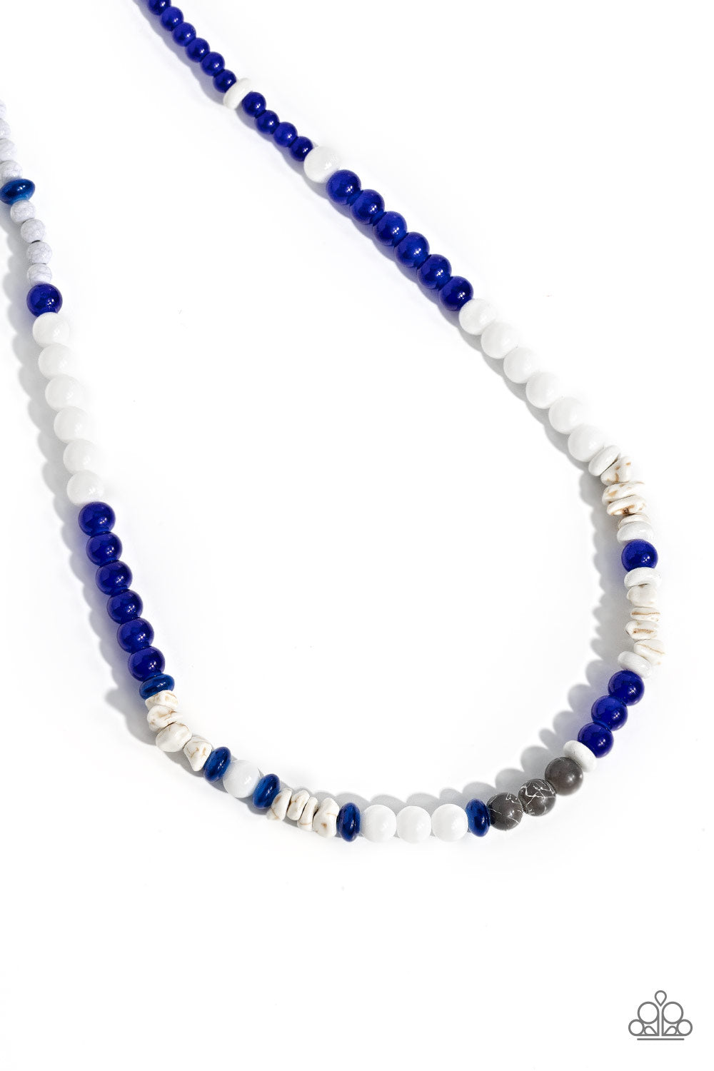 Beaded Bravery Blue Unisex Necklace - Paparazzi Accessories Colorful sections of blue and white beads and gray crackle bead accents adorn a strand of chiseled and round white marbled stones and stone beads, creating an earthy compliment below the collar. Features an adjustable clasp closure. As the stone elements in this piece are natural, some color variation is normal. Sold as one individual necklace. P2SE-URBL-070XX