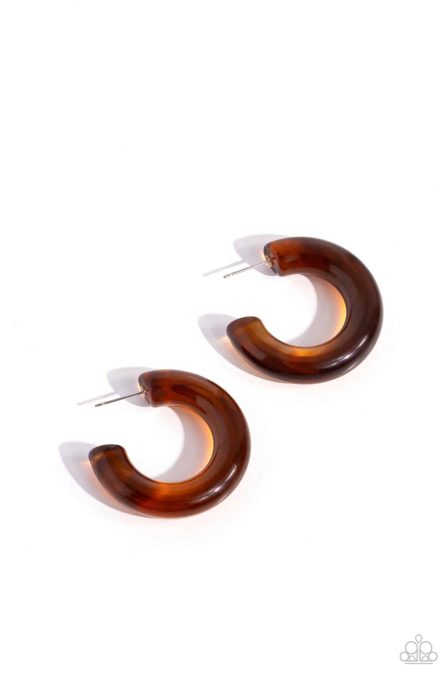 Glassy GAZE Brown Hoop Earring - Paparazzi Accessories Thick, glossy brown acrylic frames snugly loop and curl just below the ear for a fashionable finish. Earring attaches to a standard post fitting. Hoop measures approximately 1 1/2" in diameter. Sold as one pair of hoop earrings. Sku: P5HO-BNXX-017XX