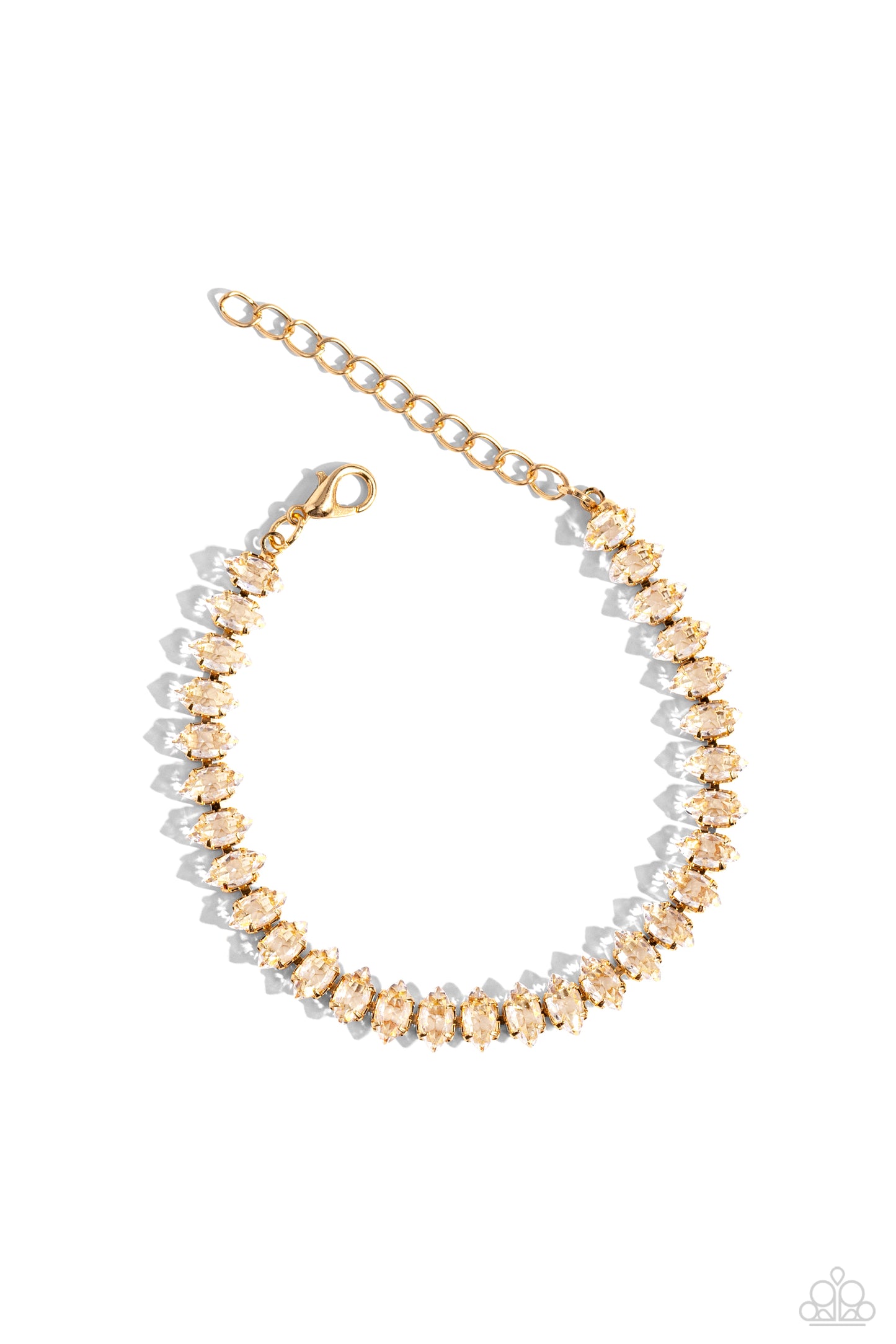 Marquise Masterpiece Gold Clasp Bracelet - Paparazzi Accessories Featuring gold square fittings, crystal-like marquise-cut gems delicately link into a glamorous, refined centerpiece around the wrist. Features an adjustable clasp closure. Sold as one individual bracelet. P9RE-GDXX-408XX