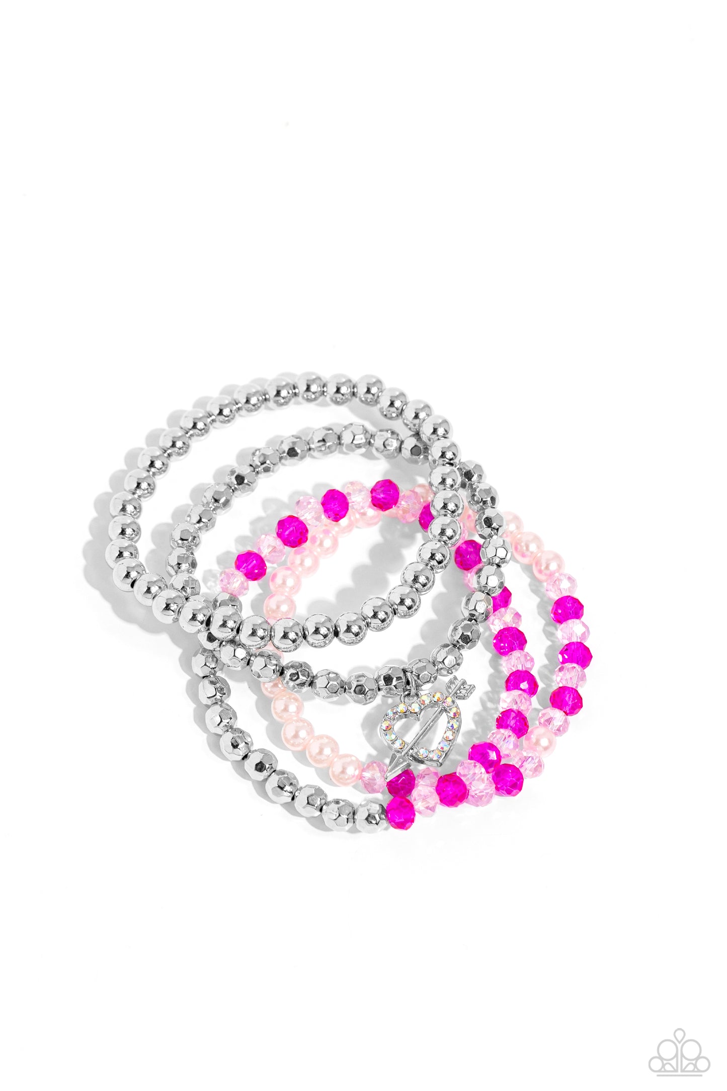 Heart-struck Haute Multi Stretch Bracelet - Paparazzi Accessories A mismatched collection of faceted silver beads, sleek silver beads, bubbly pink pearls, and crystal-like pink and fuchsia beads are threaded along stretchy bands around the wrist, creating vivacious layers. An airy iridescent rhinestone-encrusted heart charm with a silver arrow dangles from one of the strands for additional romantic flair. Due to its prismatic palette, color may vary.