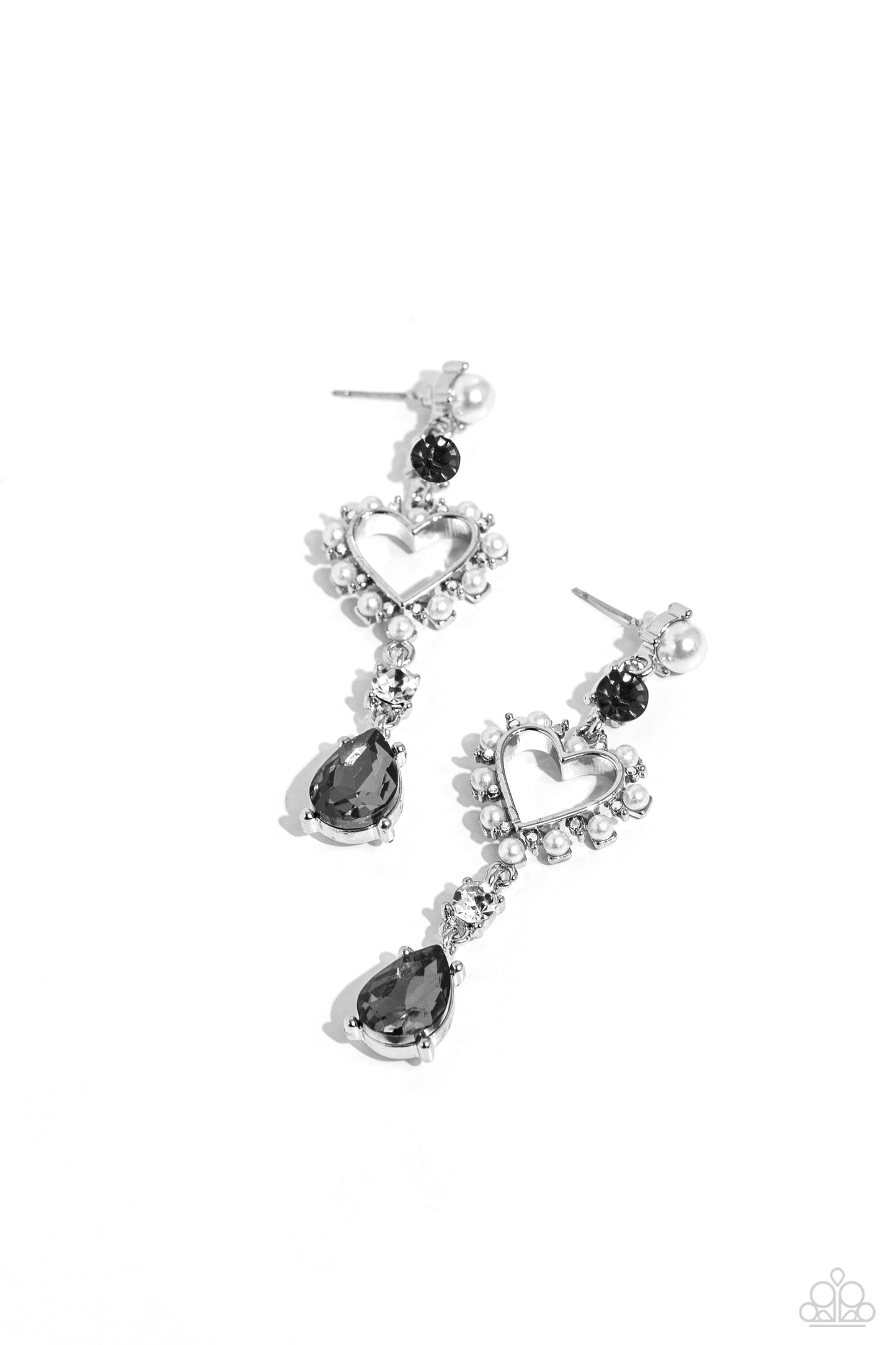 Lovers Lure Silver Heart Post Earring - Paparazzi Accessories A white pearl and green gem are pronged in silver fittings as they give way to an airy heart frame embellished with dainty white pearls and iridescent rhinestones for a dreamy finish. A white gem and smoky teardrop gem, pressed in the same pronged fittings, dramatically swing from the bottom of the airy heart frame, capturing and reflecting light at every hypnotic sway. Earring attaches to a standard post fitting.