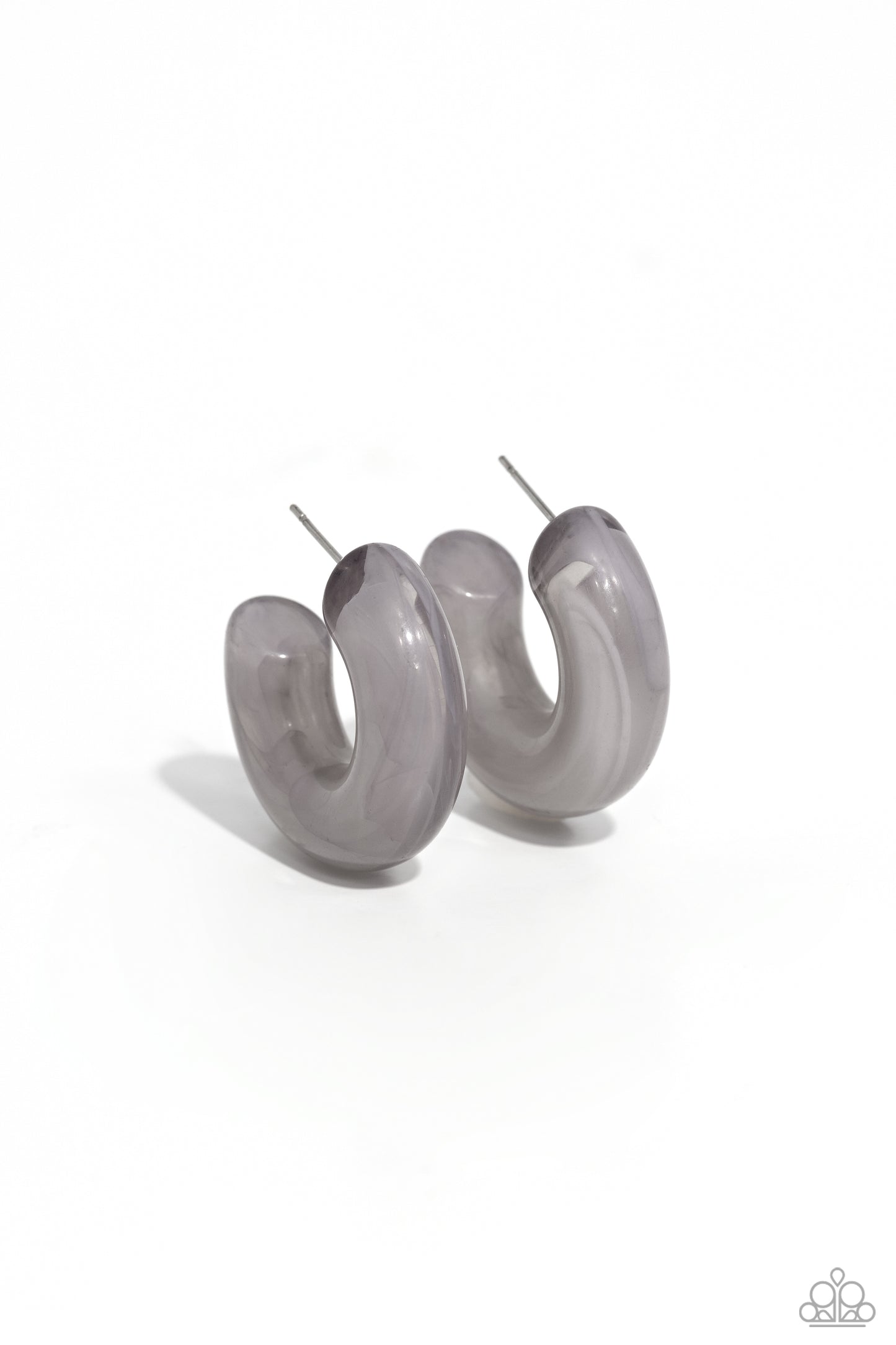 Acrylic Acclaim Silver Hoop Earring - Paparazzi Accessories Featuring a milky accent, thick gray acrylic frames snugly loop and curl just below the ear for a fashionable finish. Earring attaches to a standard post fitting. Hoop measures approximately 1" in diameter. Sold as one pair of hoop earrings. Sku: P5HO-SVXX-372XX