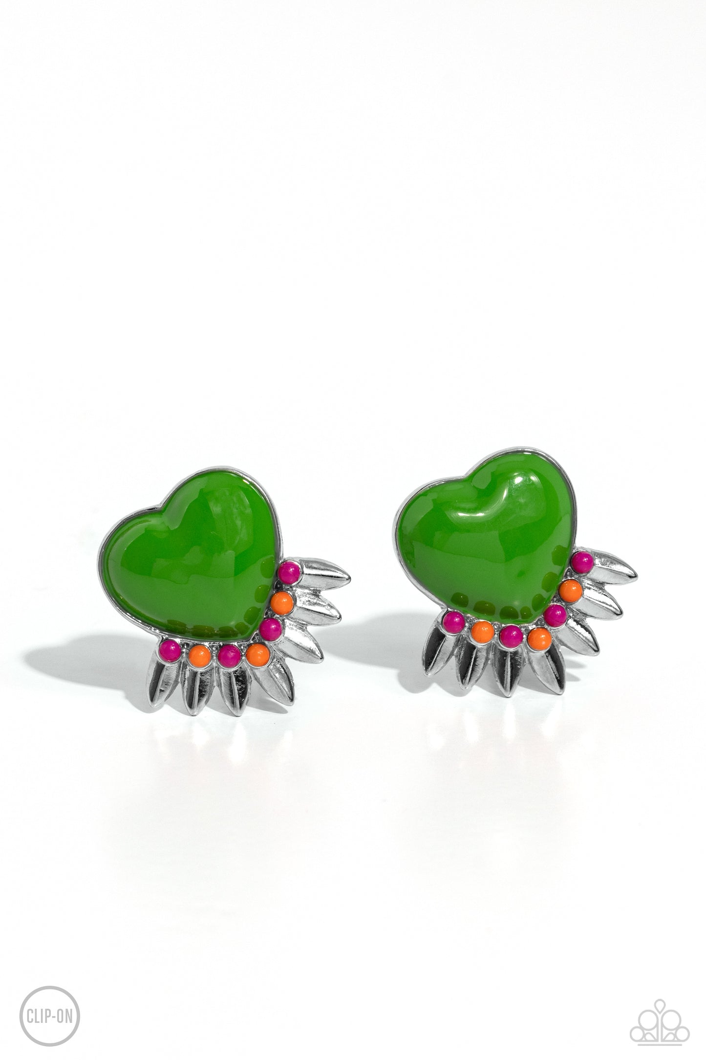 Spring Story Green Heart Clip-On Earring - Paparazzi Accessories A Classic Green heart pressed in a sleek silver frame stands out at the ear. Textured silver leaves flare out from a curved cluster of Rose Violet and orange seed beads that adorn the bottom of the heart display, creating a spring-inspired fringe. Earring attaches to a standard clip-on fitting. Sold as one pair of clip-on earrings. P5CO-GRXX-023XX