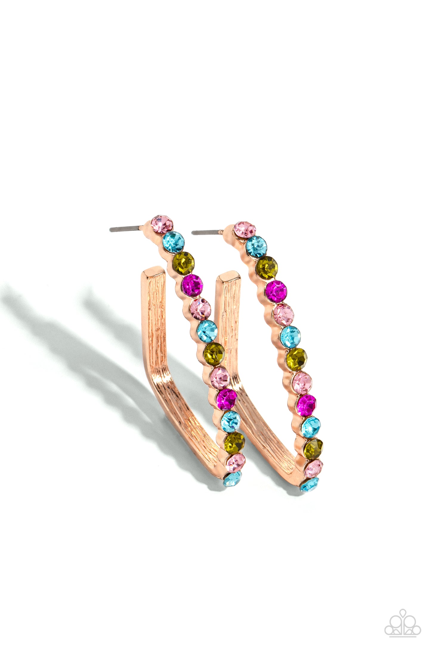 Triangular Tapestry Rose Gold Hoop Earring - Paparazzi Accessories The front of a bold rose gold hoop is encrusted in multicolored rhinestones, creating a sparkly spectrum of color. The multicolored scalloped frame leisurely bends into an airy triangular frame for a geometric motif. Earring attaches to a standard post fitting. Hoop measures approximately 1/2" in diameter. Sold as one pair of hoop earrings. Sku: P5HO-GDRS-319XX