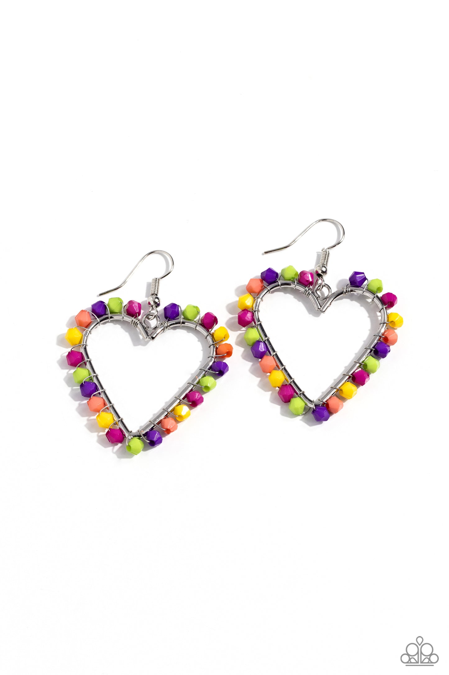 Fun-Loving Fashion Multi Heart Earring - Paparazzi Accessories A vibrant collection of Rose Violet, Kohlrabi, purple, yellow, and coral seed beads are wrapped along the outside curve of a shiny, silver heart frame by shimmery silver wire for a handcrafted, fun-loving finish. Earring attaches to a standard fishhook fitting. Sold as one pair of earrings. P5WH-MTXX-199XX
