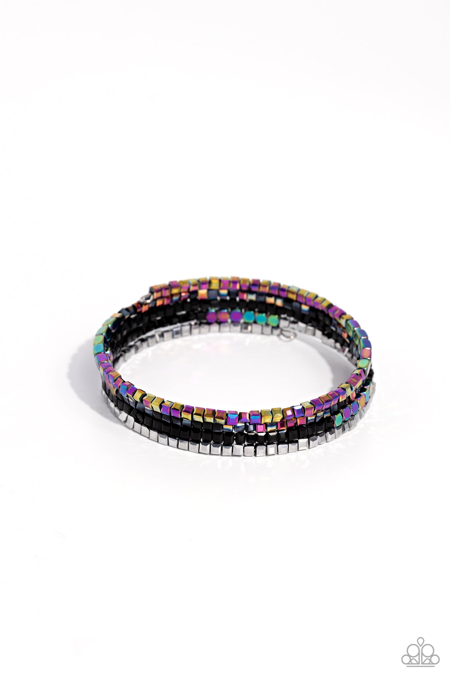 Dainty Dancer Black Coil Infinity Wrap Bracelet - Paparazzi Accessories A glittery collection of metallic oil spill-like beads, black, silver, and gold beads, and oil spill square and cubed accents are coiled along an invisible wire around the wrist for a prismatic finish. Sold as one individual bracelet. P9DA-BKXX-160XX