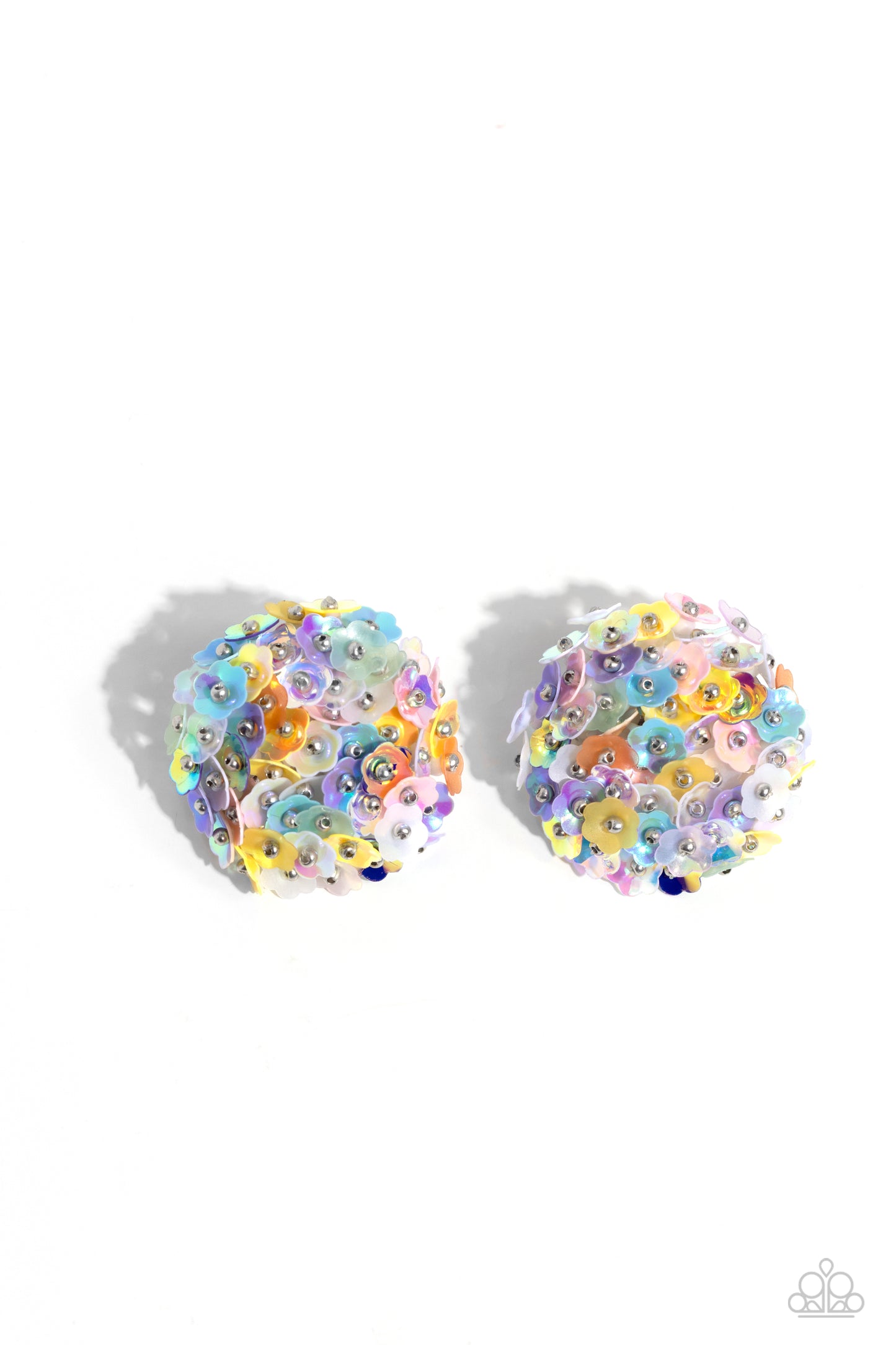 Corsage Character Multi Post Flower Earring - Paparazzi Accessories Featuring a light iridescent sheen, a collection of multicolored flowers with silver stud centers explode around the ear to create a whimsical bouquet-inspired statement. Earring attaches to a standard post fitting. Sold as one pair of post earrings. Sku: P5PO-MTXX-110XX