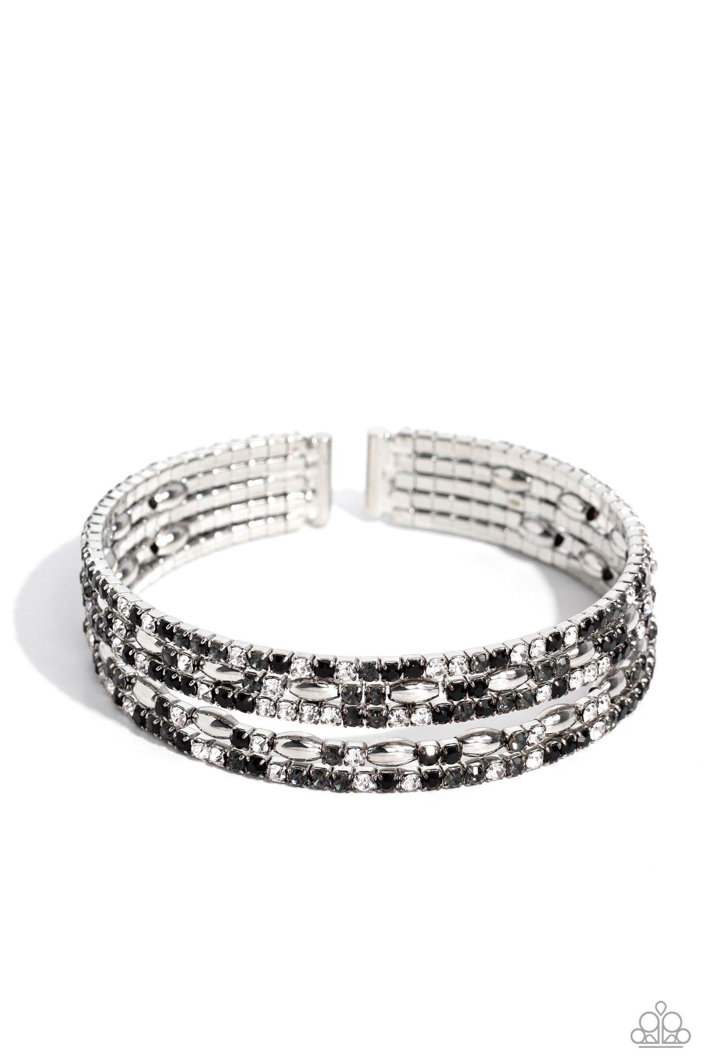 Endless Energy Black Cuff Bracelet - Paparazzi Accessories Four strands of dazzling white, black, and smoky rhinestones flank shiny silver accents, coalescing into a sparkly layered cuff around the wrist. Sold as one individual bracelet. SKU: P9DA-BKXX-161XX