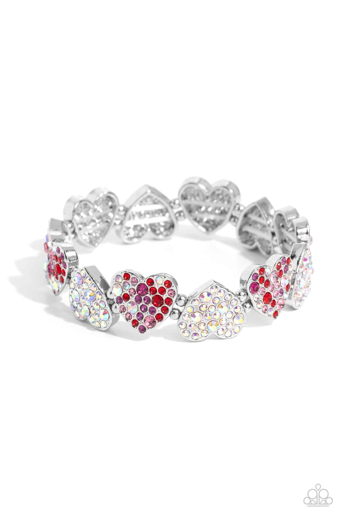 Headliner Heart Multi Rhinestone Stretch Bracelet - Paparazzi Accessories Dotted with various sizes of dainty fuchsia, light rose, purple, red, and iridescent rhinestones, sleek silver hearts alternating in direction link together around the wrist along a stretchy band for a flirtatious finish. Due to its prismatic palette, color may vary. Sold as one individual bracelet. SKU: P9RE-MTXX-149XX