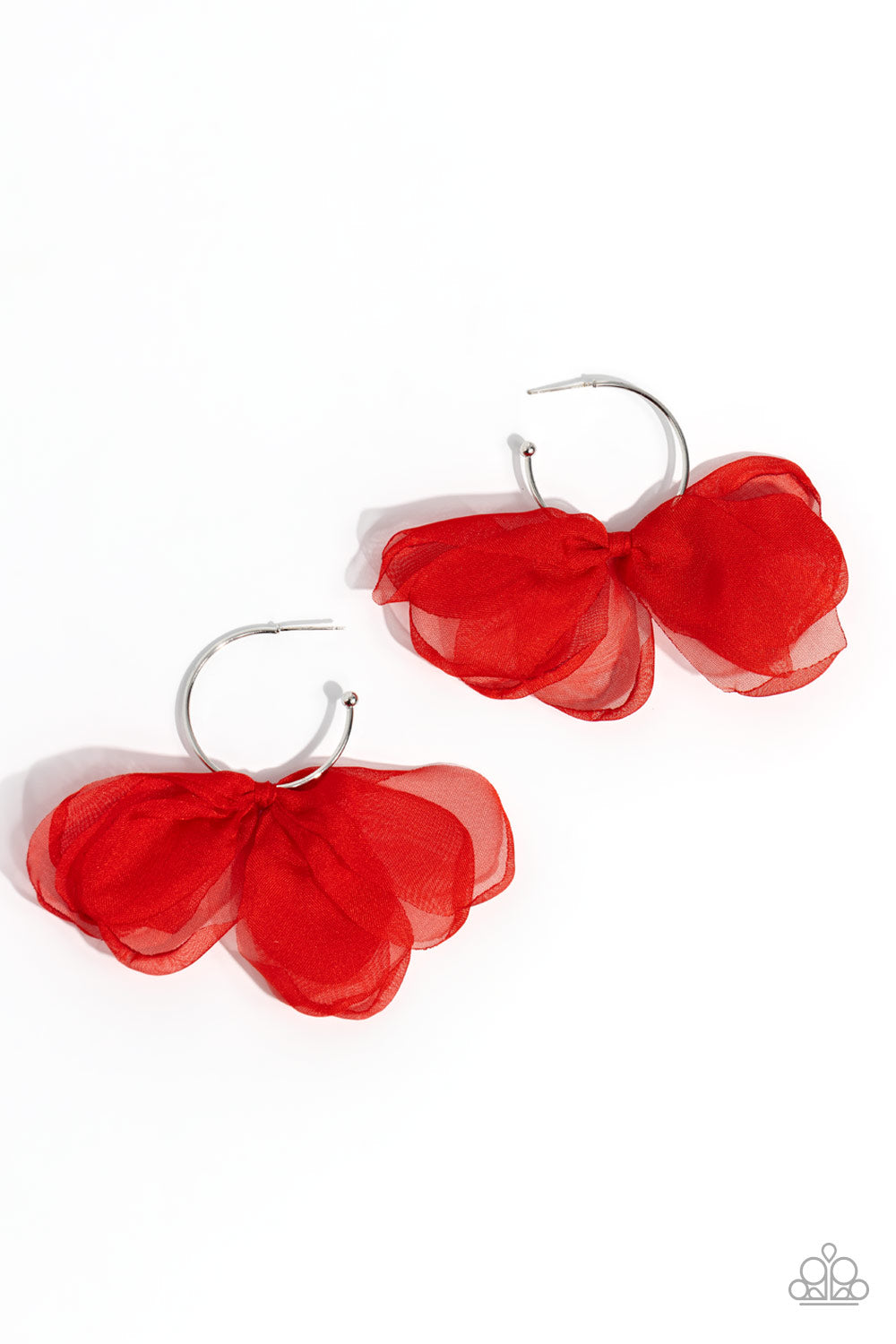 Chiffon Class Red Hoop Earring - Paparazzi Accessories A small, skinny, shiny silver hoop curves around the ear in a timeless fashion. A shiny silver ball is affixed to the end of the hoop, reminiscent of a barbell fitting. A red chiffon bow slides along the curvature of the hoop, creating a graceful pop of color. Earring attaches to a standard post fitting. Hoop measures approximately 1" in diameter. Sold as one pair of hoop earrings. P5HO-RDXX-032XX