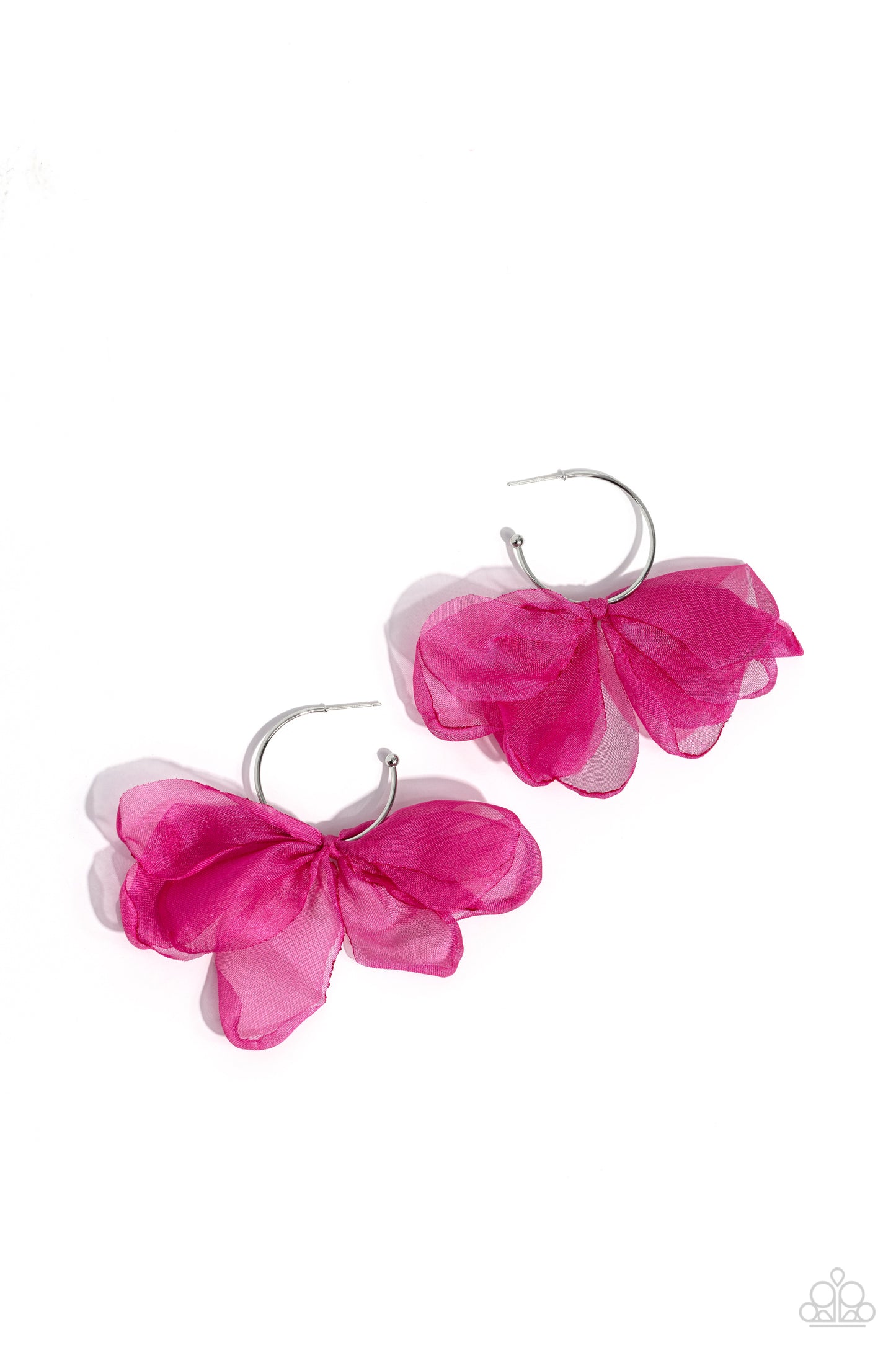 Chiffon Class Pink Hoop Earring - Paparazzi Accessories A small, skinny, shiny silver hoop curves around the ear in a timeless fashion. A shiny silver ball is affixed to the end of the hoop, reminiscent of a barbell fitting. A hot pink chiffon bow slides along the curvature of the hoop, creating a graceful pop of color. Earring attaches to a standard post fitting. Hoop measures approximately 1" in diameter. Sold as one pair of hoop earrings. P5HO-PKXX-071XX