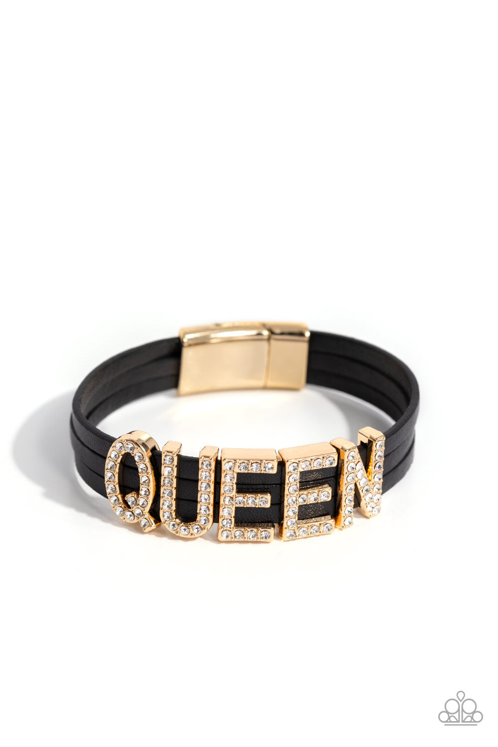 Queen of My Life Gold Magnetic Bracelet - Paparazzi Accessories Featuring glistening white rhinestones, gold letter frames forming the word "QUEEN" are threaded along layers of black leather strands around the wrist for a dazzling statement. Features a magnetic closure. Sold as one individual bracelet. SKU: P9SE-GDXX-064XX