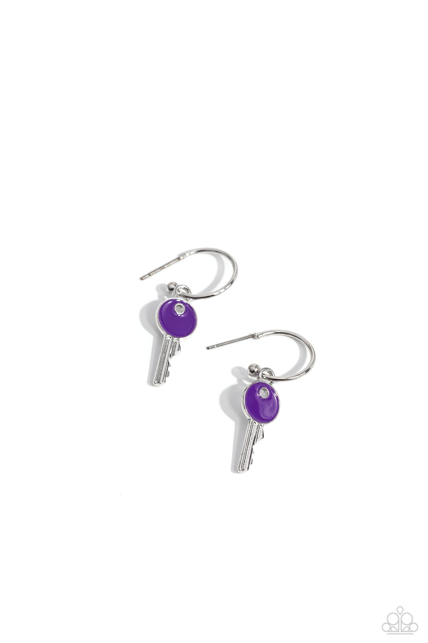Key Performance Purple Tiny Hoop Earring - Paparazzi Accessories A small, skinny, shiny silver hoop curves around the ear in a timeless fashion. A shiny silver ball is affixed to the end of the hoop, reminiscent of a barbell fitting. A silver key charm, featuring a bright purple-painted accent, slides along the curvature of the hoop, adding a surprising hint of colorful movement. Earring attaches to a standard post fitting. Hoop measures approximately 1/2" in diameter. P5HO-PRXX-026XX