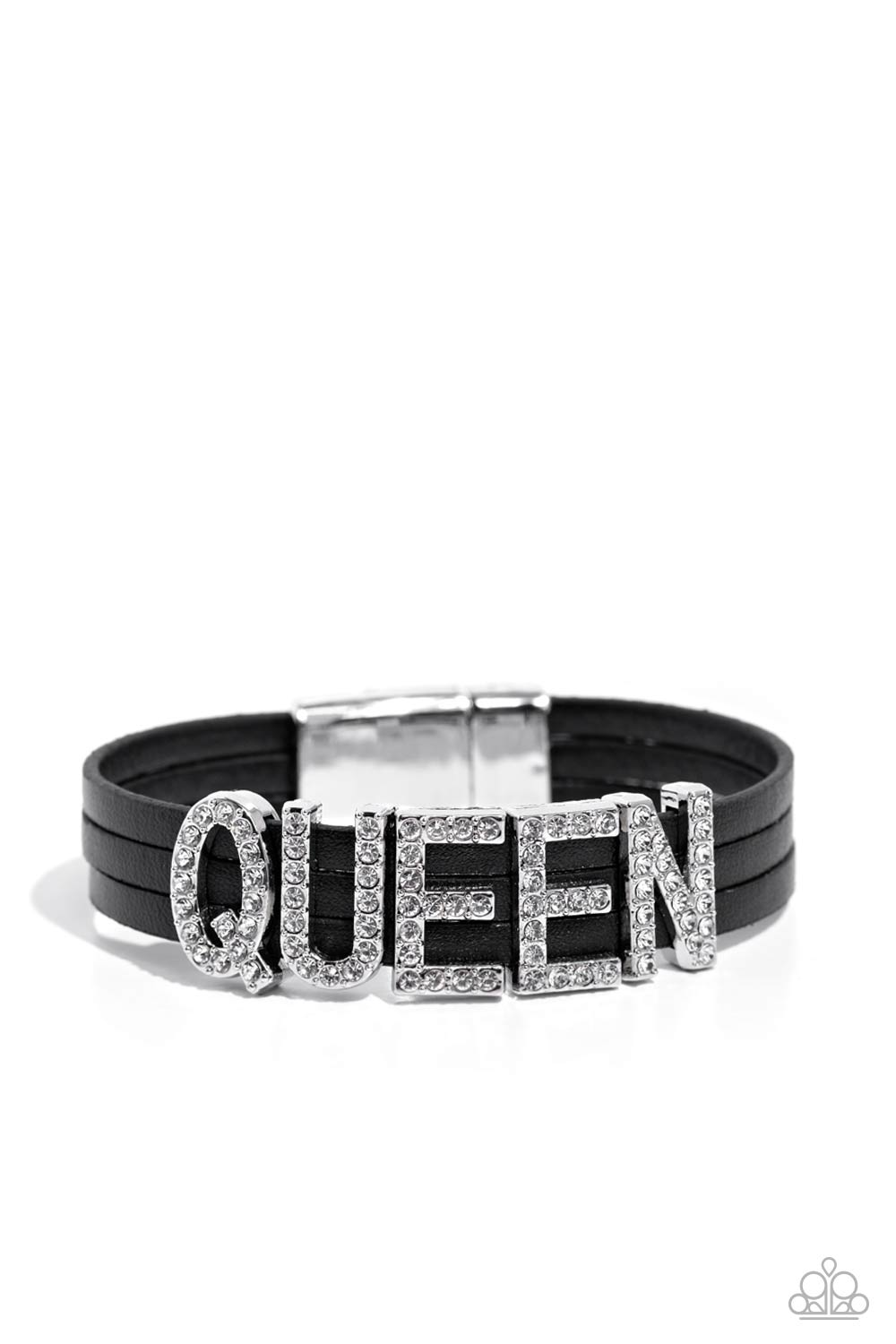 Queen of My Life Black Wrap Bracelet - Paparazzi Accessories Featuring glistening white rhinestones, silver letter frames forming the word "QUEEN" are threaded along layers of black leather strands around the wrist for a dazzling statement. Features a magnetic closure. Sold as one individual bracelet. P9SE-BKXX-343XX