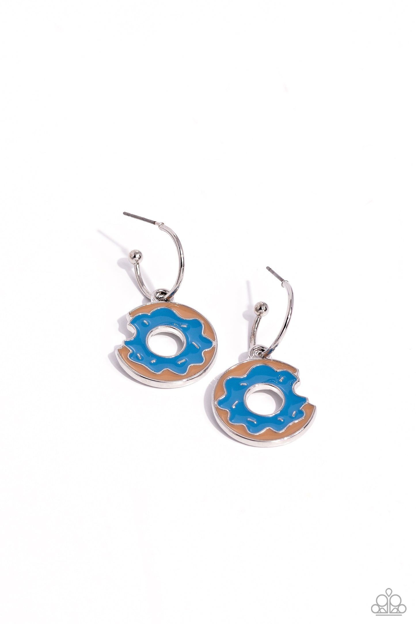 Donut Delivery Blue Hoop Earring - Paparazzi Accessories A small, skinny, silver hoop curves around the ear in a timeless fashion with a silver ball affixed to the end of the hoop, reminiscent of a barbell fitting. A brown donut charm frosted in a blue glaze with silver sprinkles featuring a bite-mark dangles from the skinny hoop for a youthful, charming statement. Earring attaches to a standard post fitting. Hoop measures approximately 1/2" in diameter. Sold as one pair of hoop earrings. P5HO-BLXX-059XX