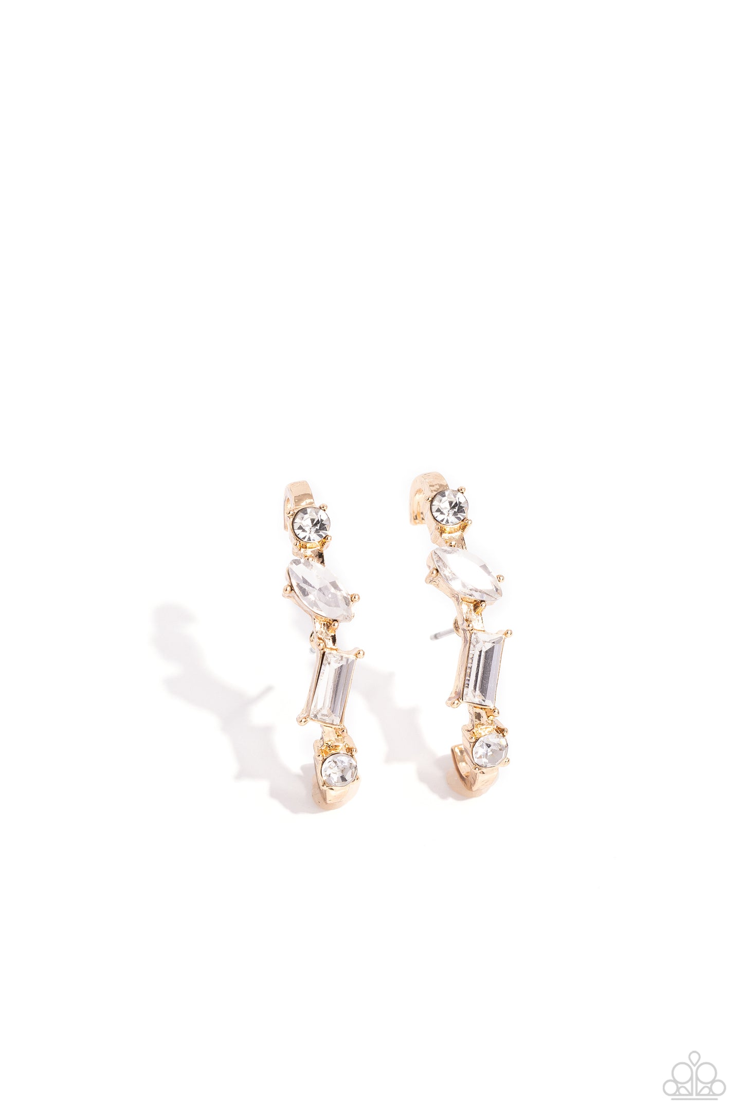 Sliding Shimmer Gold Illusion Post Earring - Paparazzi Accessories A glassy collection of white round, marquise-cut, and emerald-cut rhinestones and gems are pronged in place along a curved gold bar. Features a sleek surface for sliding ability to desired position on the ear. Due to its structure, adjusting capability is limited. Sold as one pair of illusion post earrings. P5PO-IPGD-268XX