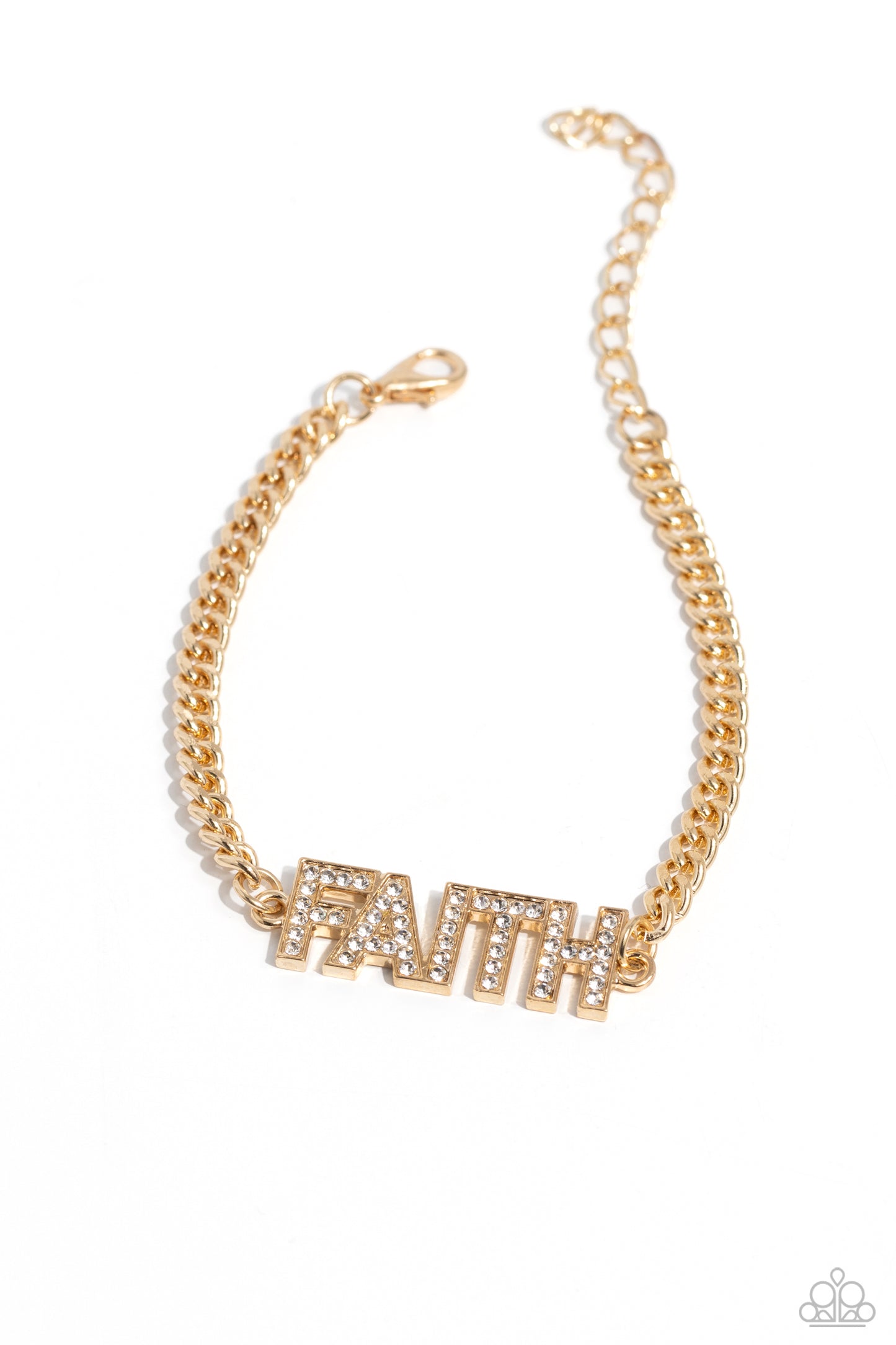 Faithful Finish Gold Inspirational Clasp Bracelet - Paparazzi Accessories Encrusted in glassy white rhinestones, gold letter frames spell out the word "FAITH" along a classic gold chain for an inspirational finish around the wrist. Features an adjustable clasp closure. Sold as one individual bracelet. Sku: P9WD-GDXX-193XX