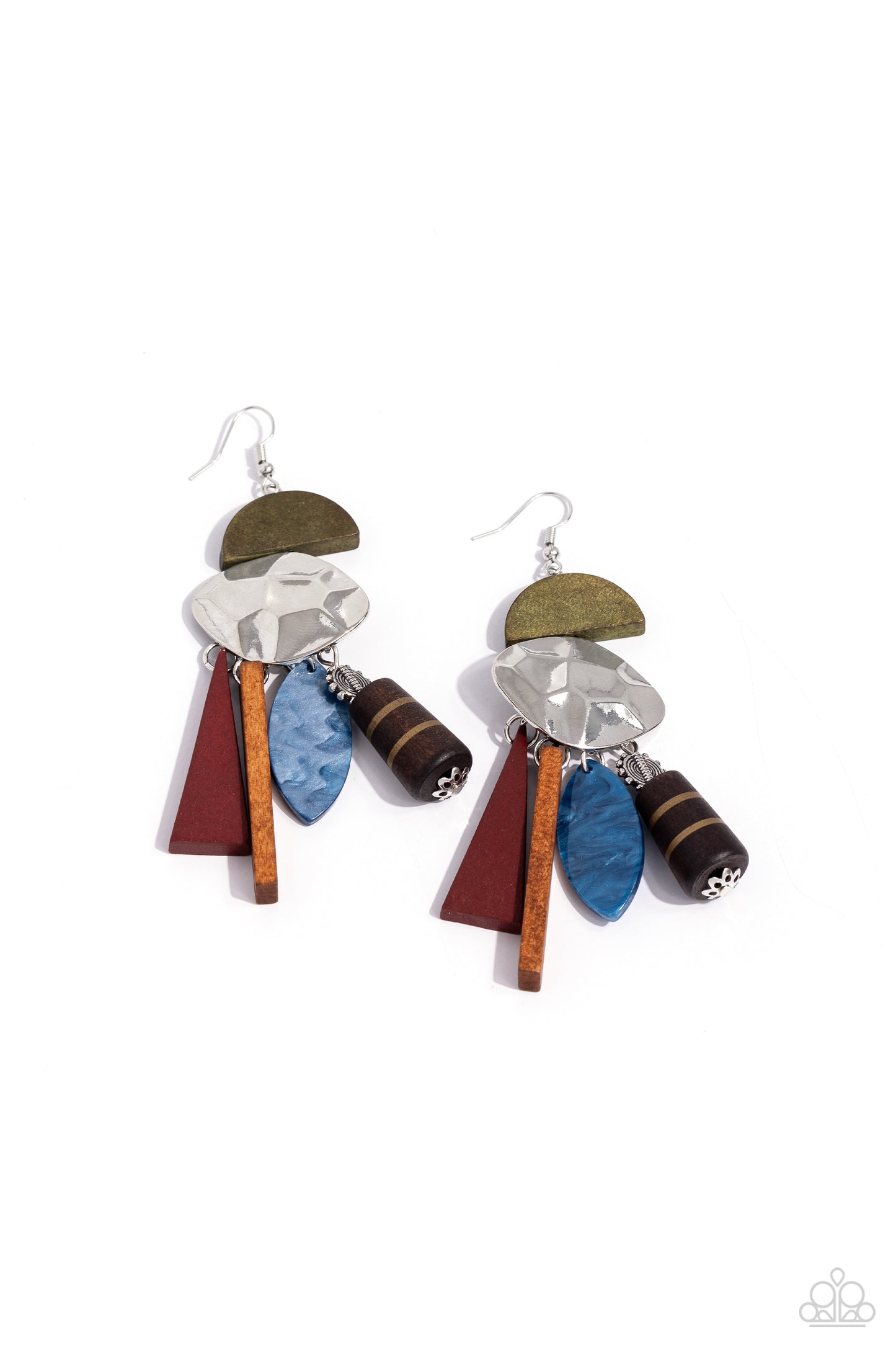Textured Talisman Multi Wooden Earring - Paparazzi Accessories Featuring a variety of textures, patterns, and sheens, green half-moon and hammered abstract frames stack into an exotic-inspired lure. Textured, striped, shell, acrylic, and wooden accents in a motley of colors dangle from the stacked lure for a trendy fringe. Earring attaches to a standard fishhook fitting. Sold as one pair of earrings. Sku: P5ST-MTXX-065XX