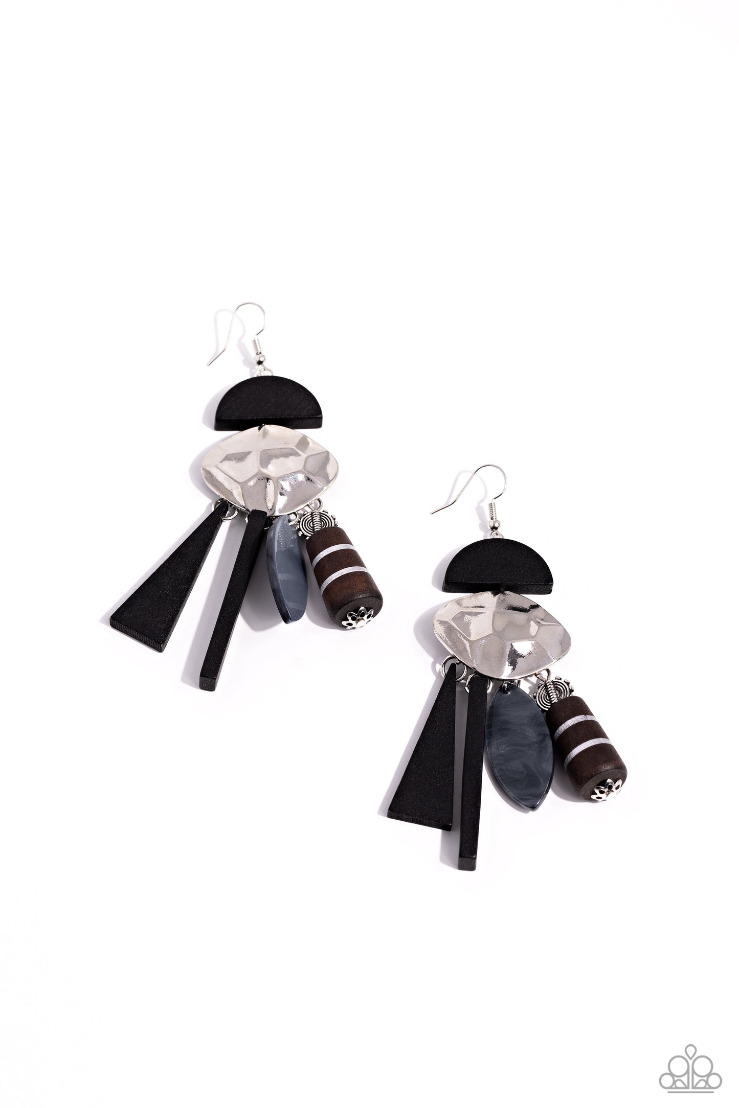 Textured Talisman Black Wooden Earring - Paparazzi Accessories Featuring a variety of textures, patterns, and sheens, black half-moon and hammered abstract frames stack into an exotic-inspired lure. Textured, striped, shell, acrylic, and wooden accents in mainly black hues dangle from the stacked lure for a trendy fringe. Earring attaches to a standard fishhook fitting. Sold as one pair of earrings. Sku: P5ST-BKXX-074XX