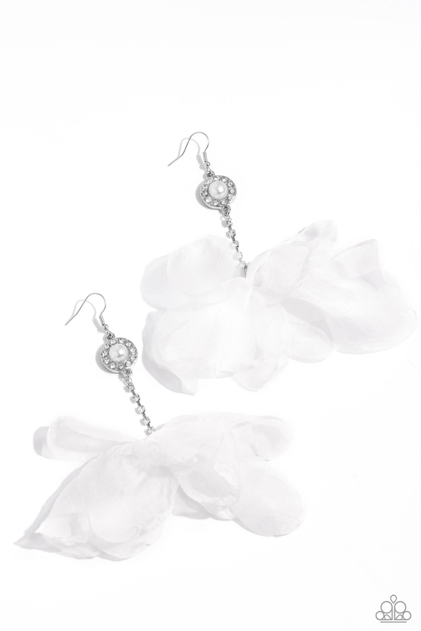 Seriously Sheer White Chiffon Earring - Paparazzi Accessories A sheer, white chiffon bow is tied to the bottom of a rhinestone-encrusted silver square-fitting rod that is attached to a dainty white rhinestone-encrusted pearly pendant for a refined finish. Earring attaches to a standard fishhook fitting. Sold as one pair of earrings. Sku: P5RE-WTXX-616XX