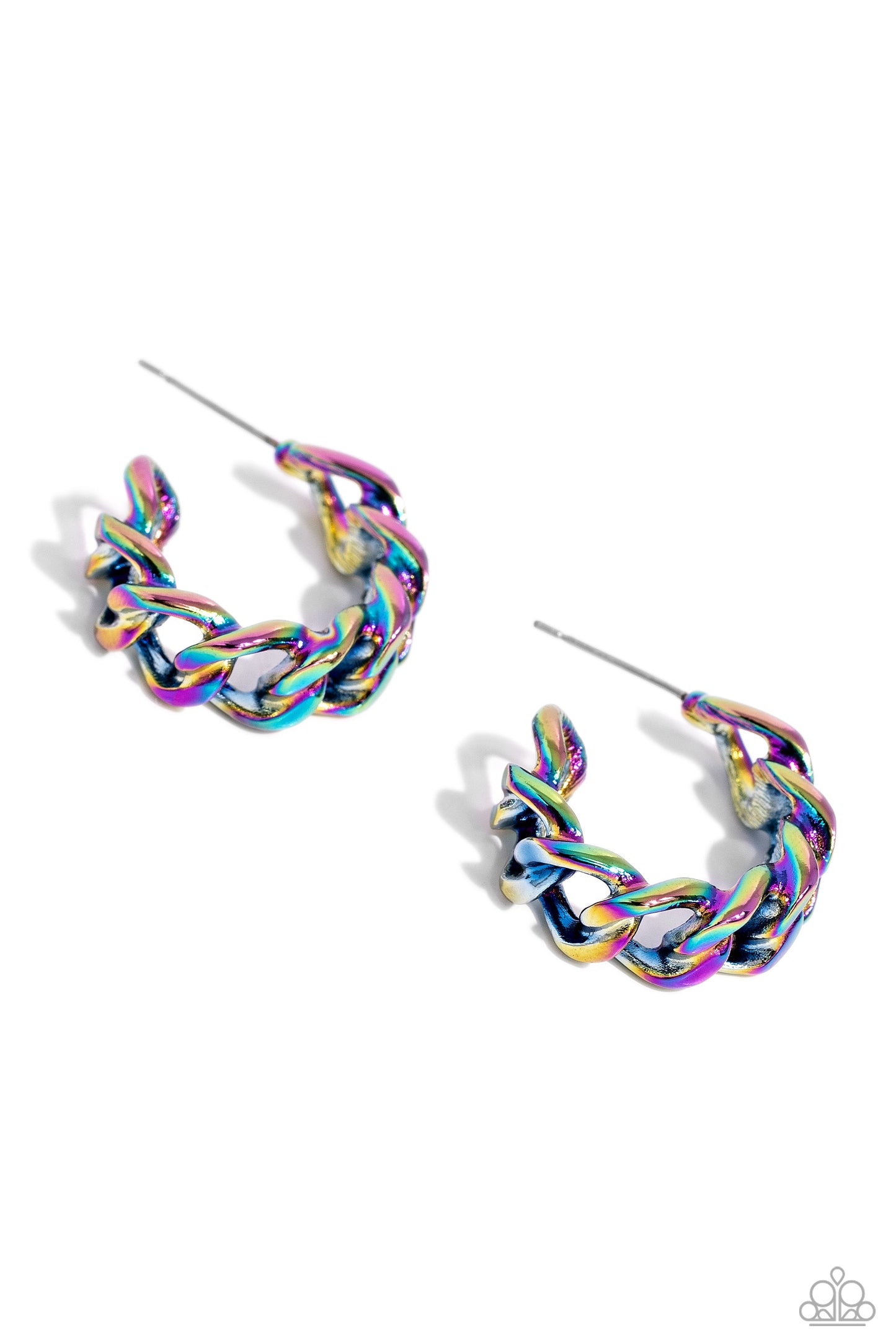 Casual Confidence Multi Oil Spill Hoop Earring - Paparazzi Accessories Brushed in a oil spill finish, a textured strand of curb chain curls around the ear for an industrially casual look. Earring attaches to a standard post fitting. Hoop measures 1" in diameter. Sold as one pair of hoop earrings. P5HO-MTXX-092XX