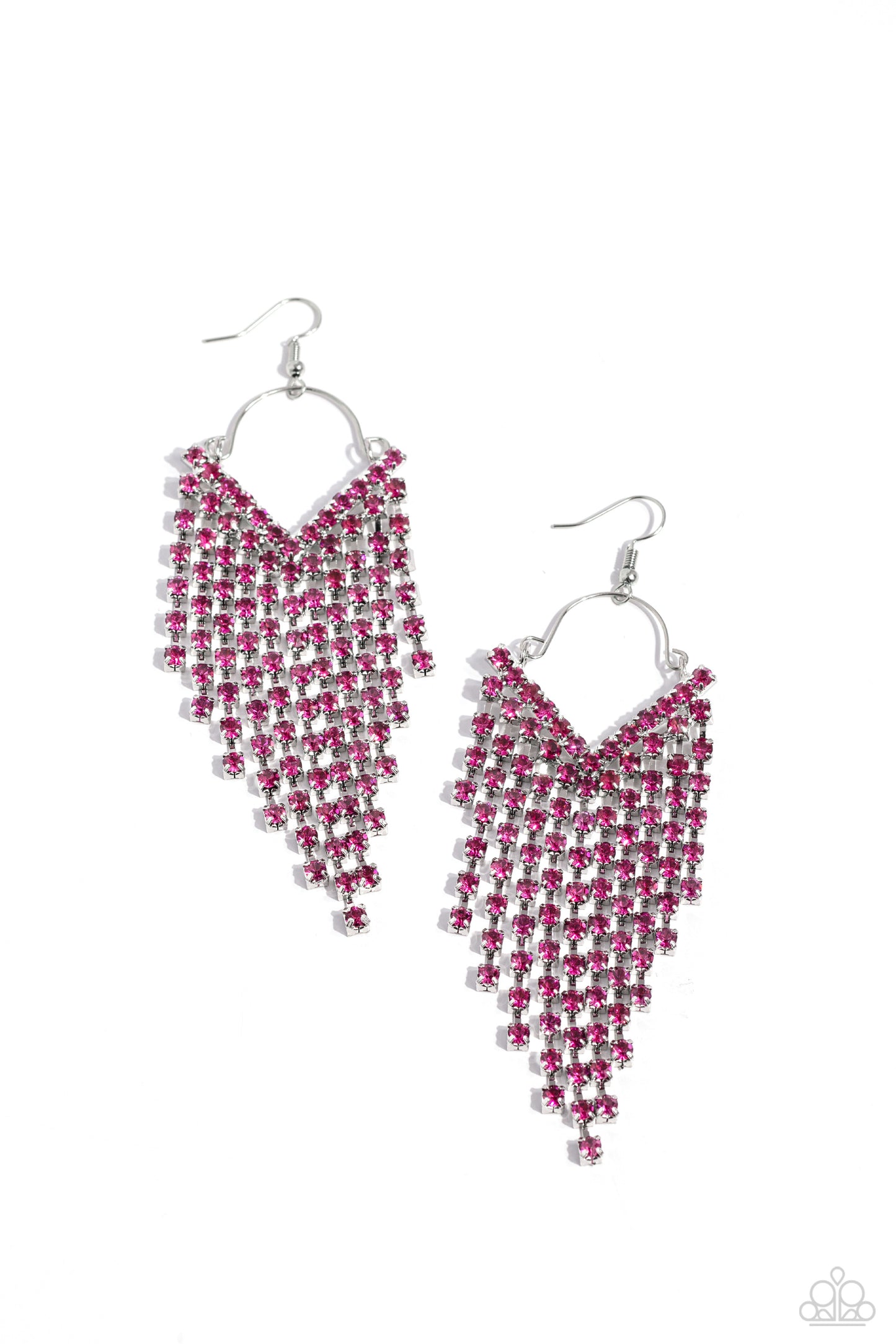 V Fallin Pink Rhinestone Earring - Paparazzi Accessories Attached to a dainty silver wire fitting, strands of glittery fuchsia rhinestones pressed in sleek silver fittings free fall from the ear into an edgy v-shaped cascade for a bold look. Earring attaches to a standard fishhook fitting. Sold as one pair of earrings. P5RE-PKXX-269XX