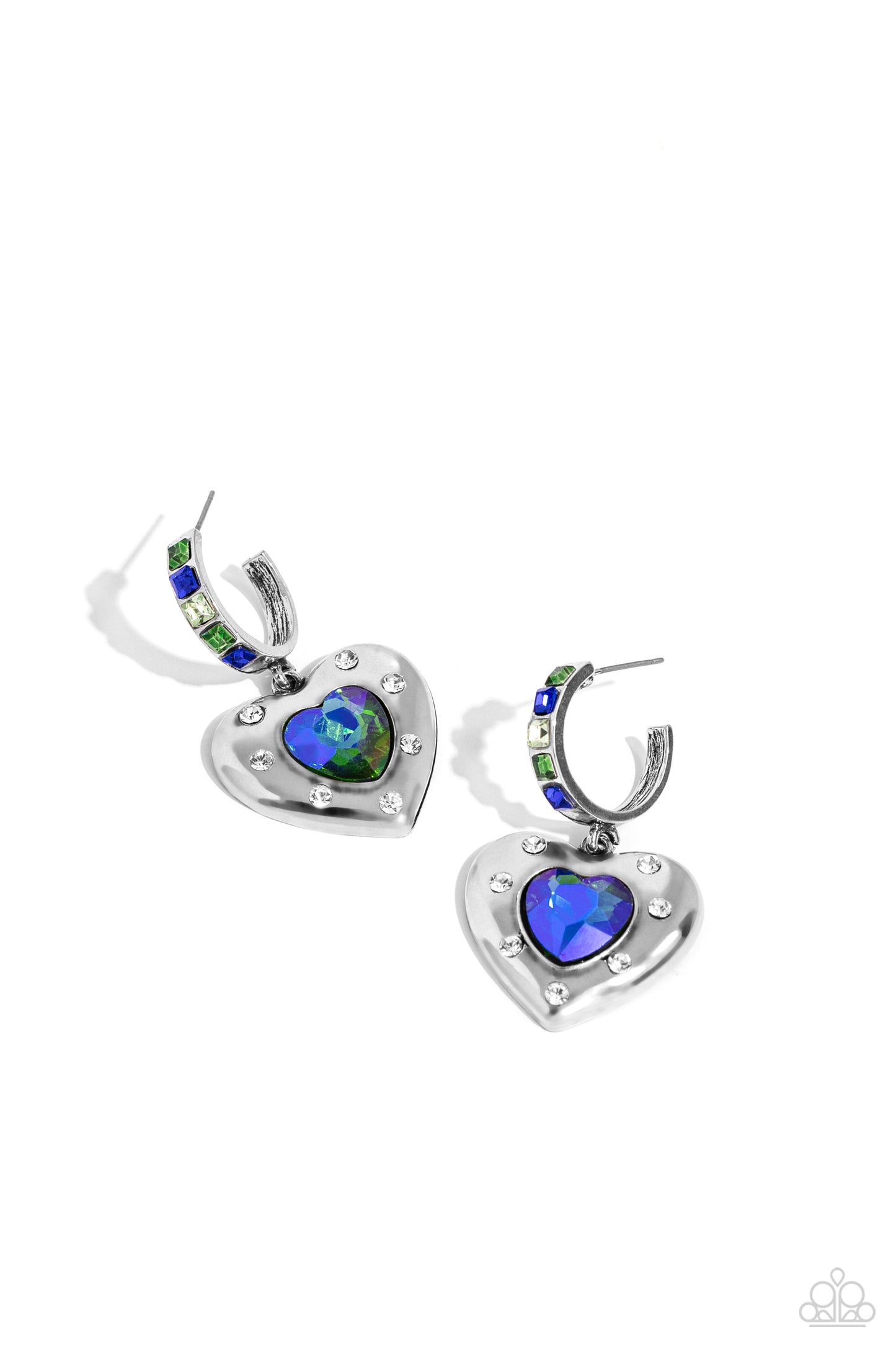 We Are Young Green Heart Hoop Earring - Paparazzi Accessories Featuring a UV shimmer, a green/blue heart gem is pressed into an antiqued silver heart frame adorned in white rhinestones. The antiqued heart sways from the bottom of a thick silver hoop encrusted in square green, blue, and white gems resulting in a whimsical fashion. Earring attaches to a standard post fitting. Hoop measures approximately 3/4" in diameter. Due to its prismatic palette, color may vary.
