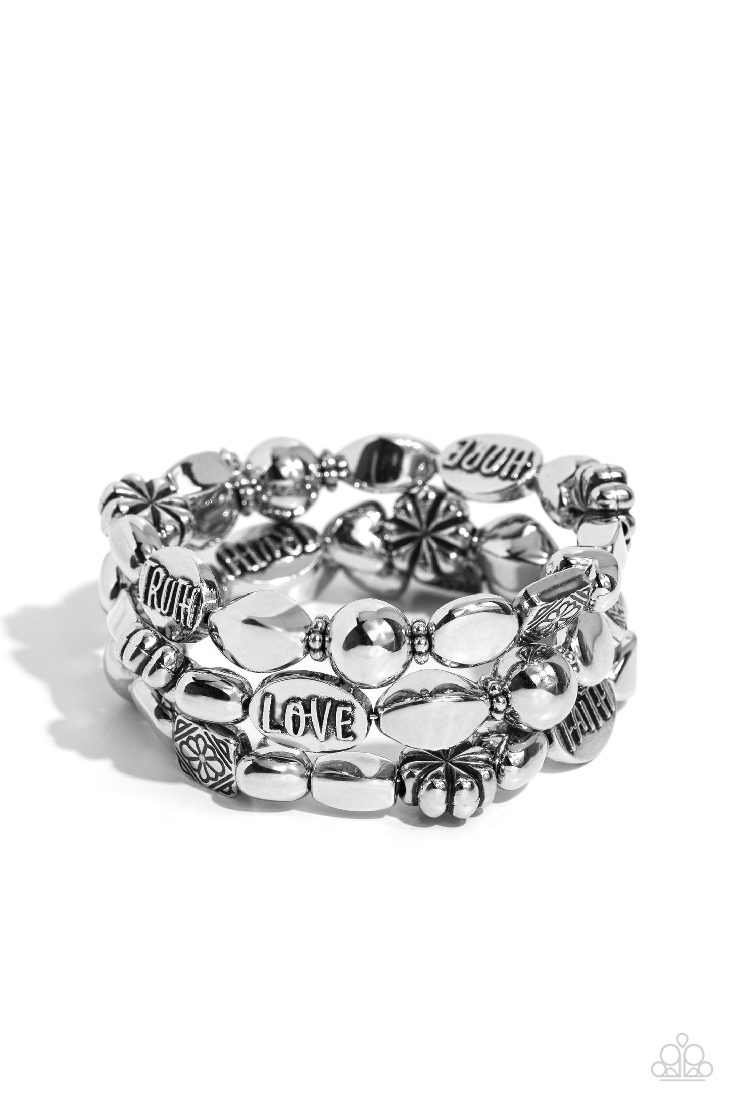 Enchanting Emotion Silver Coil Infinity Wrap Bracelet - Paparazzi Accessories An enchanting assortment of shiny silver, faceted, and floral embossed beads alternate along a coiled wire, creating a whimsical infinity-style bracelet around the wrist. Additional oval silver beads featuring the words "FAITH," "HOPE," "TRUTH," and "LOVE" finish off the design with an inspirational finish. Sold as one individual bracelet. Sku: P9WD-SVXX-232XX