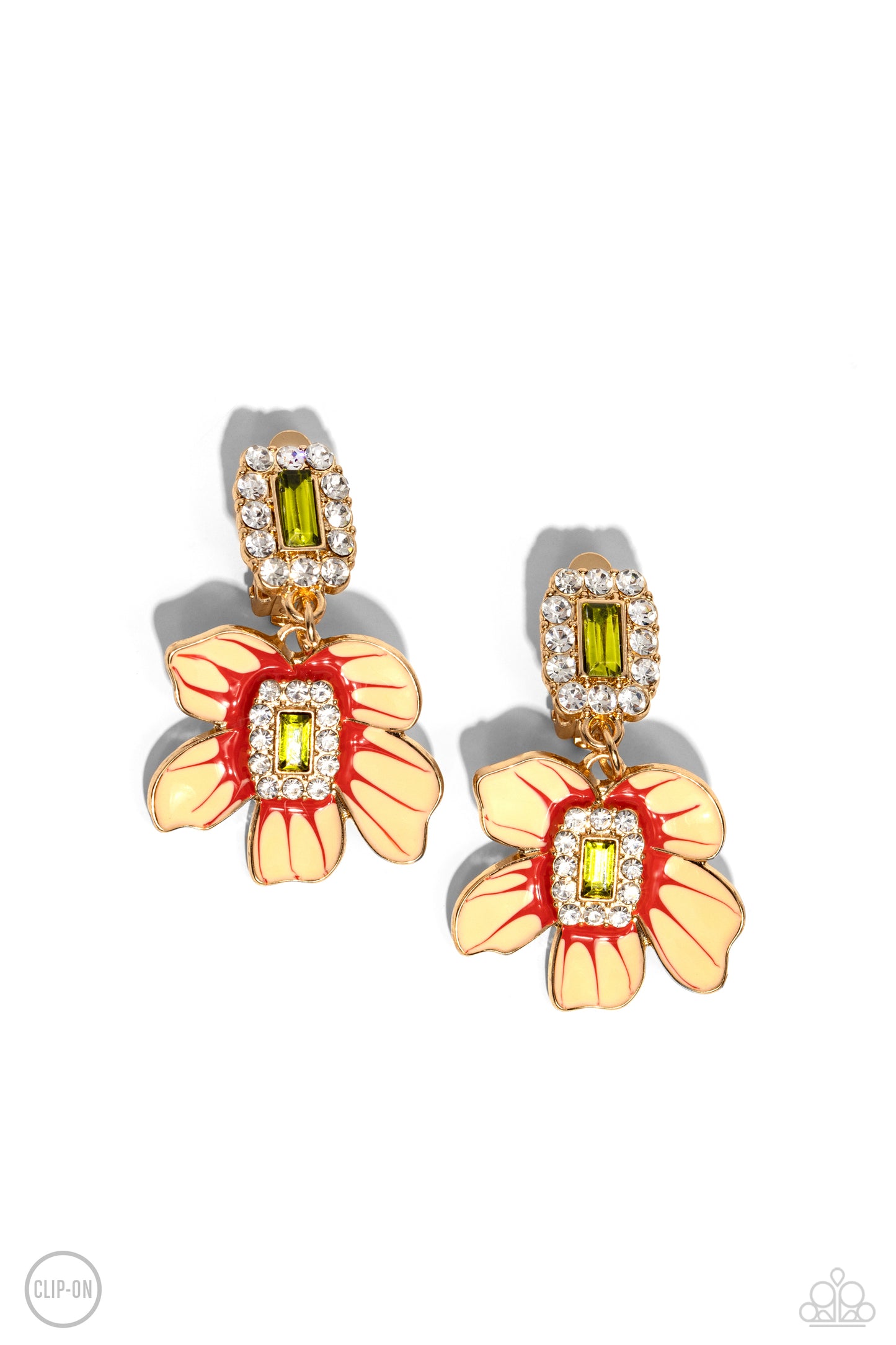 Colorful Clippings Green Clip-On Earring - Paparazzi Accessories Featuring a green gem center, a Tender Peach, and Burnt Sienna-accented flower blooms from an emerald-cut fitting encrusted in a border of white rhinestones. The colorful flower is suspended from a similar emerald-cut glitzy pendant for a classic finish. Earring attaches to a standard clip-on fitting. Featured inside The Preview at Made for More! Sold as one pair of clip-on earrings. P5CO-GRXX-022XX
