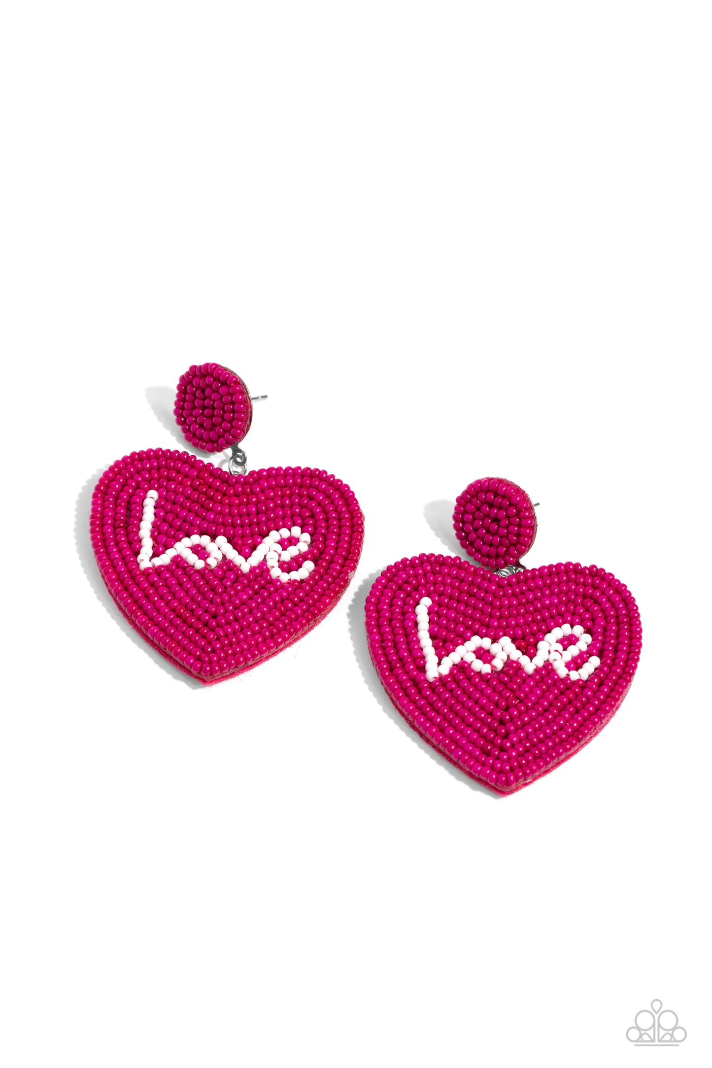 Sweet Seeds Pink Heart Seed Bead Post Earring - Paparazzi Accessories Hot pink rows of dainty seed beads adorn the front of a heart frame at the bottom of a matching beaded fitting, creating a blissfully beaded look. The word "Love" is spelled out in white seed beads across the center of the heart frame for a romantic finish. Earring attaches to a standard post fitting. Sold as one pair of post earrings. SKU: P5PO-PKXX-111XX