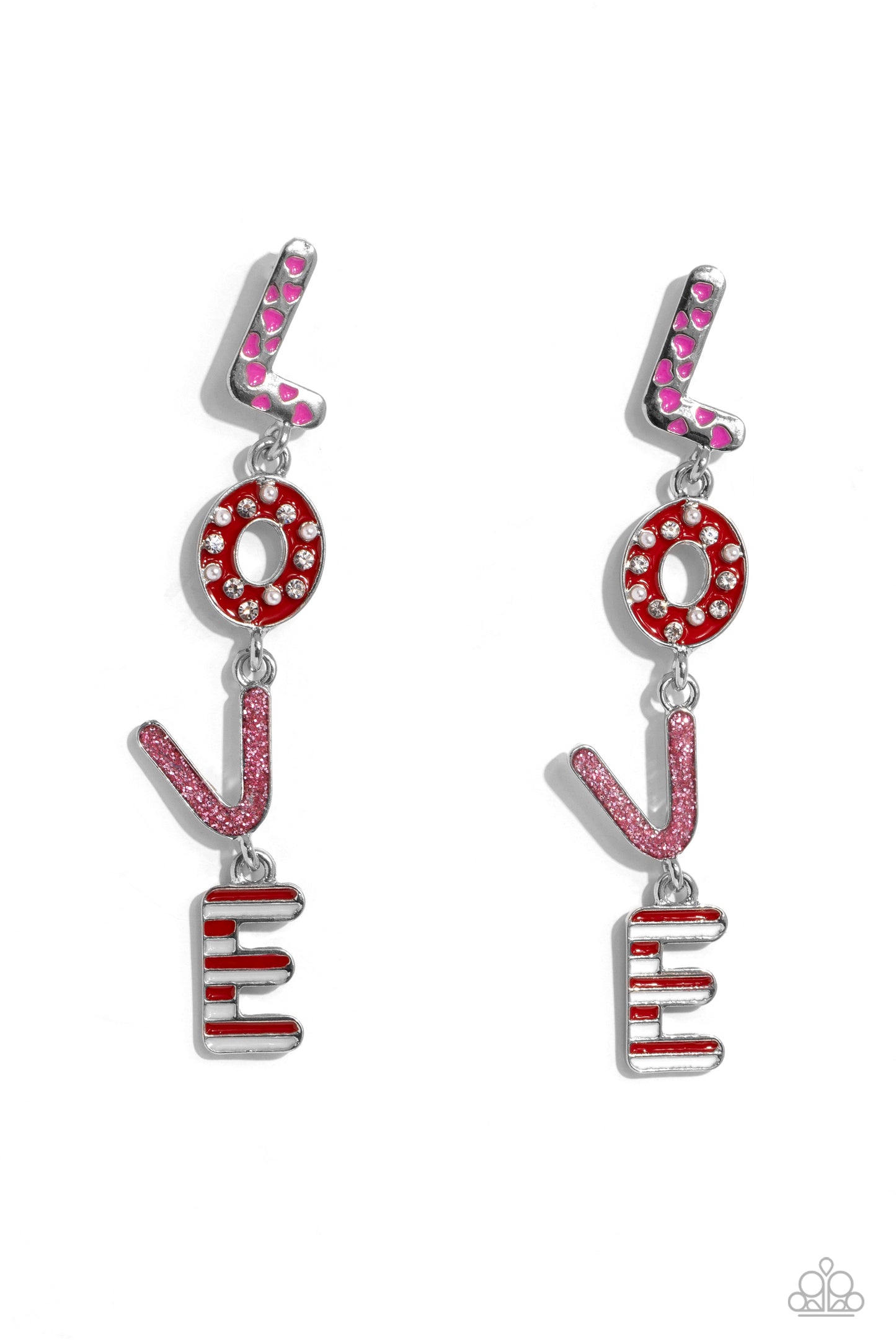 Admirable Assortment Pink Love Post Earring - Paparazzi Accessories Silver letters with various Valentine's-inspired details spell out the word "LOVE" as they vertically cascade down the ear in a flattering finish. SKU: P5PO-PKXX-112S