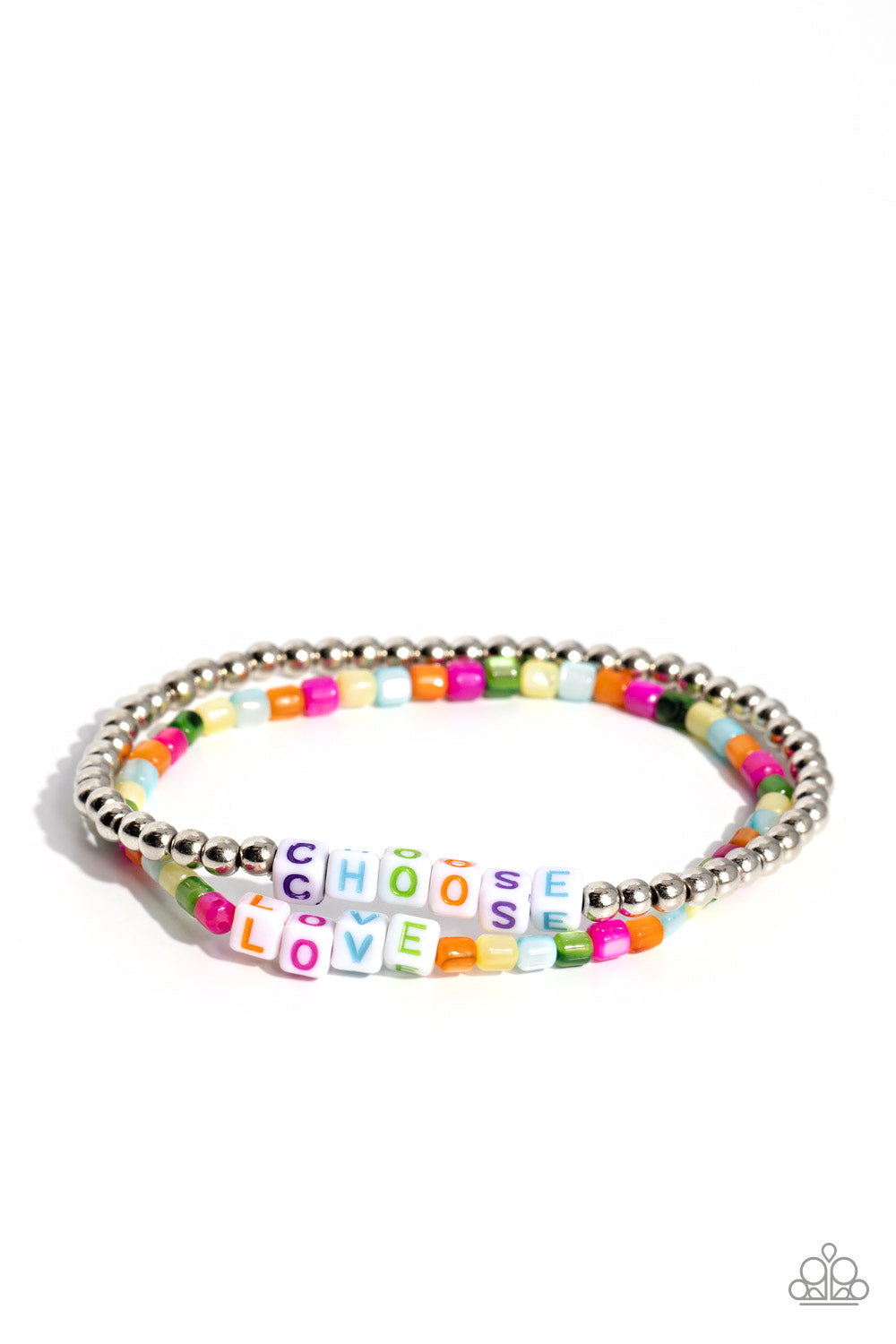 Chasing Love Multi Stretch Bracelet - Paparazzi Accessories Infused with white cubed beads featuring purple, light blue, Classic Green, orange, and hot pink letters, a mismatched collection of silver and glassy multicolored beads are threaded along stretchy bands. Each multicolored letter on both stacks spells out the words "CHOOSE" and "LOVE", creating two inspirational layers around the wrist. Sold as one set of two bracelets. Sku: P9WD-MTXX-062XX