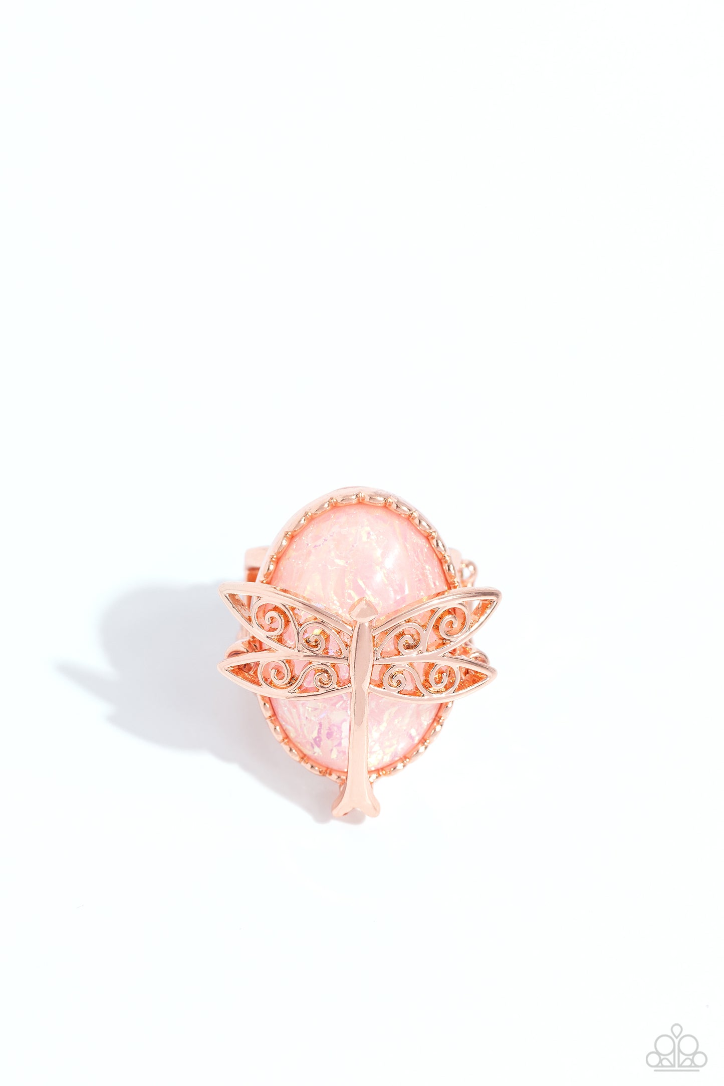 Dragonfly Dazzle Copper Ring - Paparazzi Accessories Centered atop a peach opalescent refracted shimmer oval, an ornate, shiny copper dragonfly rests atop a shiny copper serrated frame, creating a whimsically seasonal statement atop airy shiny copper bands on the finger. Features a stretchy band for a flexible fit. Due to its prismatic palette, color may vary. Sold as one individual ring. Sku: P4ST-CPSH-009XX